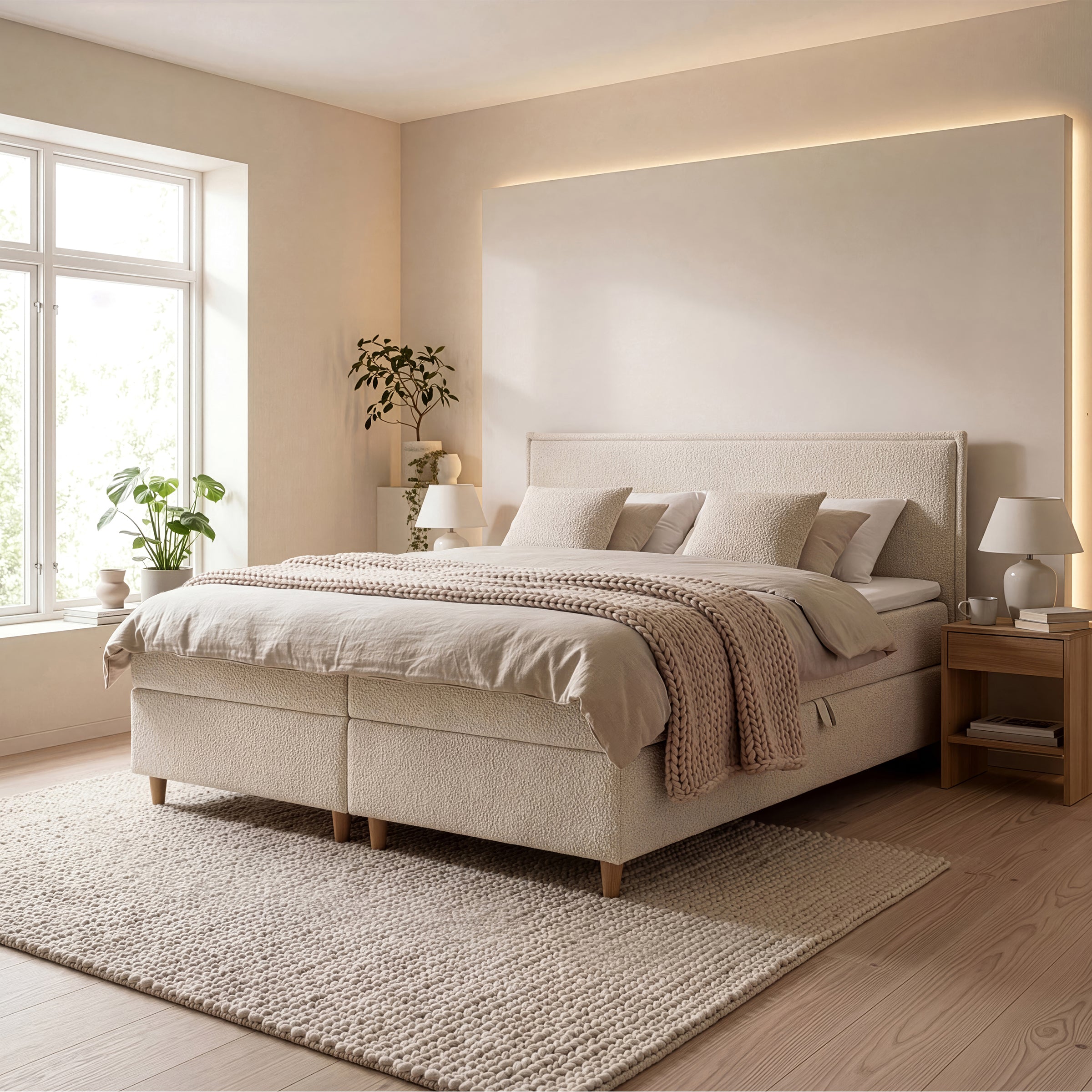 Saku - Boxspring met opbergruimte -  Stof beige - 180x200 cm