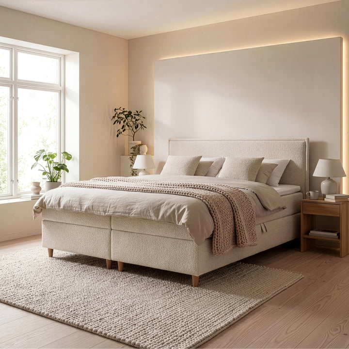 Saku - Boxspring met opbergruimte -  Stof beige - 180x200 cm