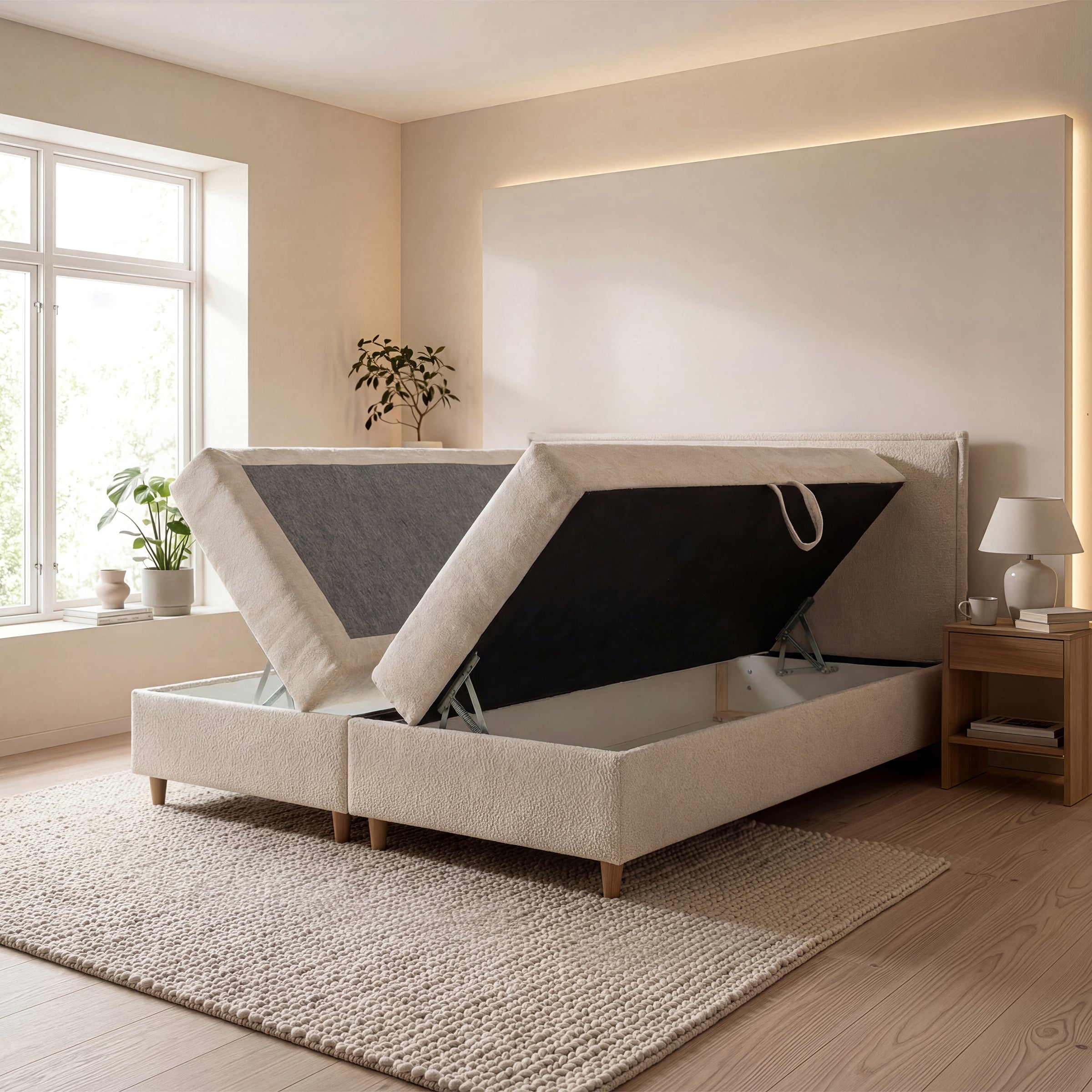 Saku - Boxspring met opbergruimte -  Stof beige - 180x200 cm