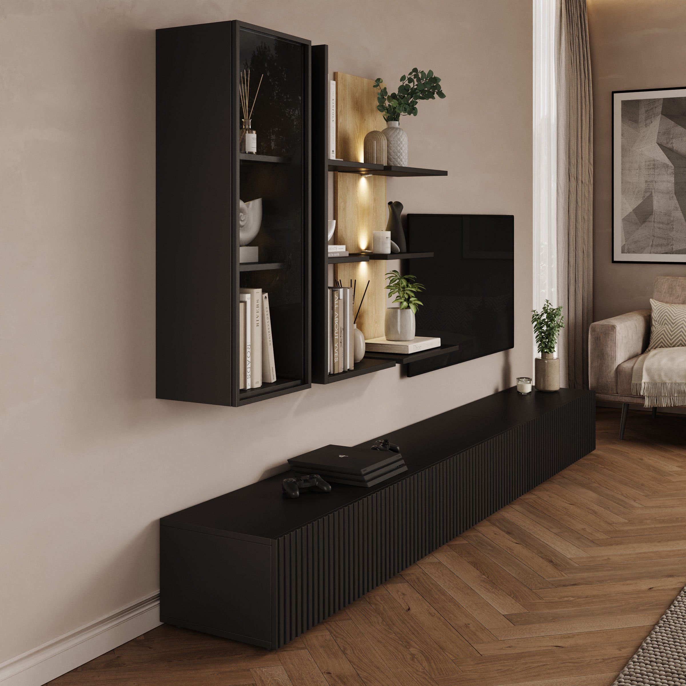 Savio - Wandmeubel - Zwart - 300x45x160 cm