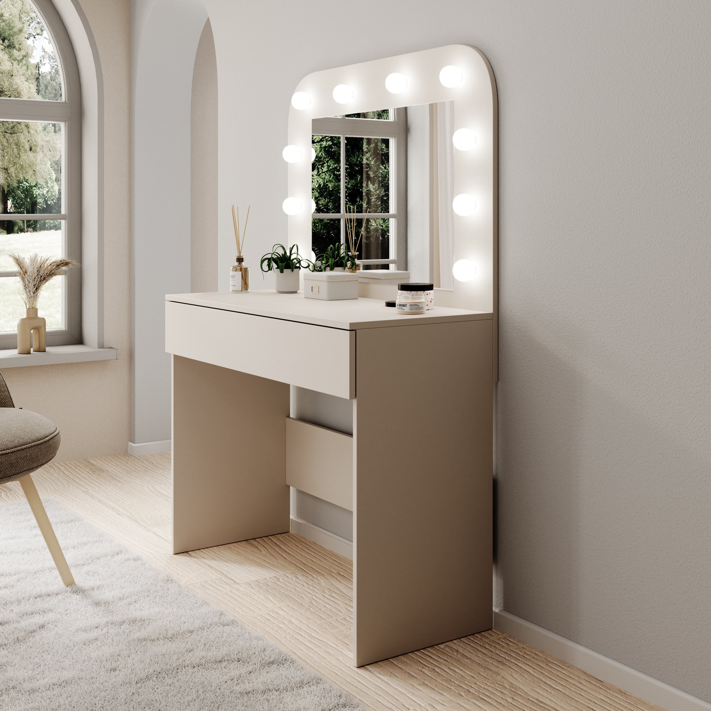 Savoy - Kaptafel met spiegel en verlichting - Beige - 100x43x143 cm