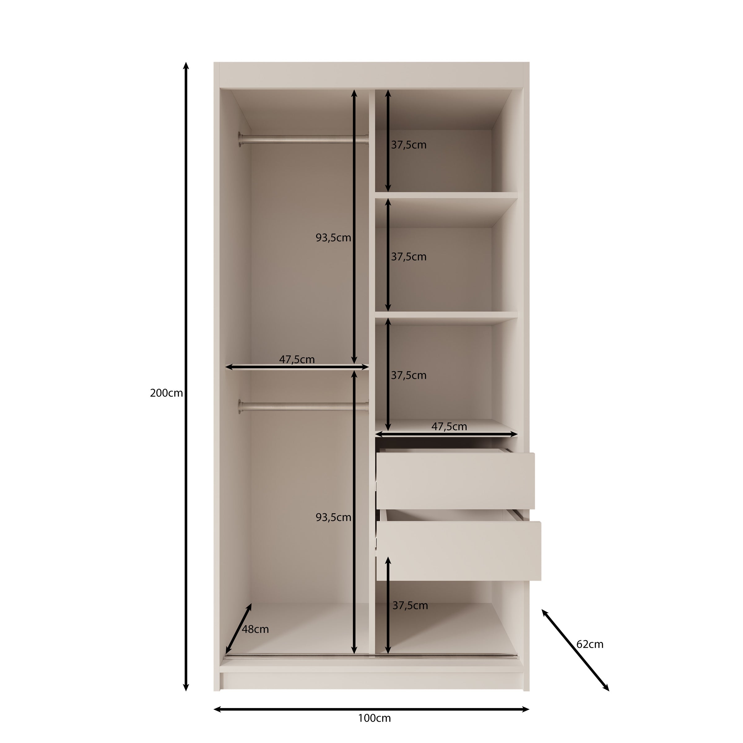Sentoji - Kledingkast met 2 schuifdeuren - Beige -  100x62x200 cm