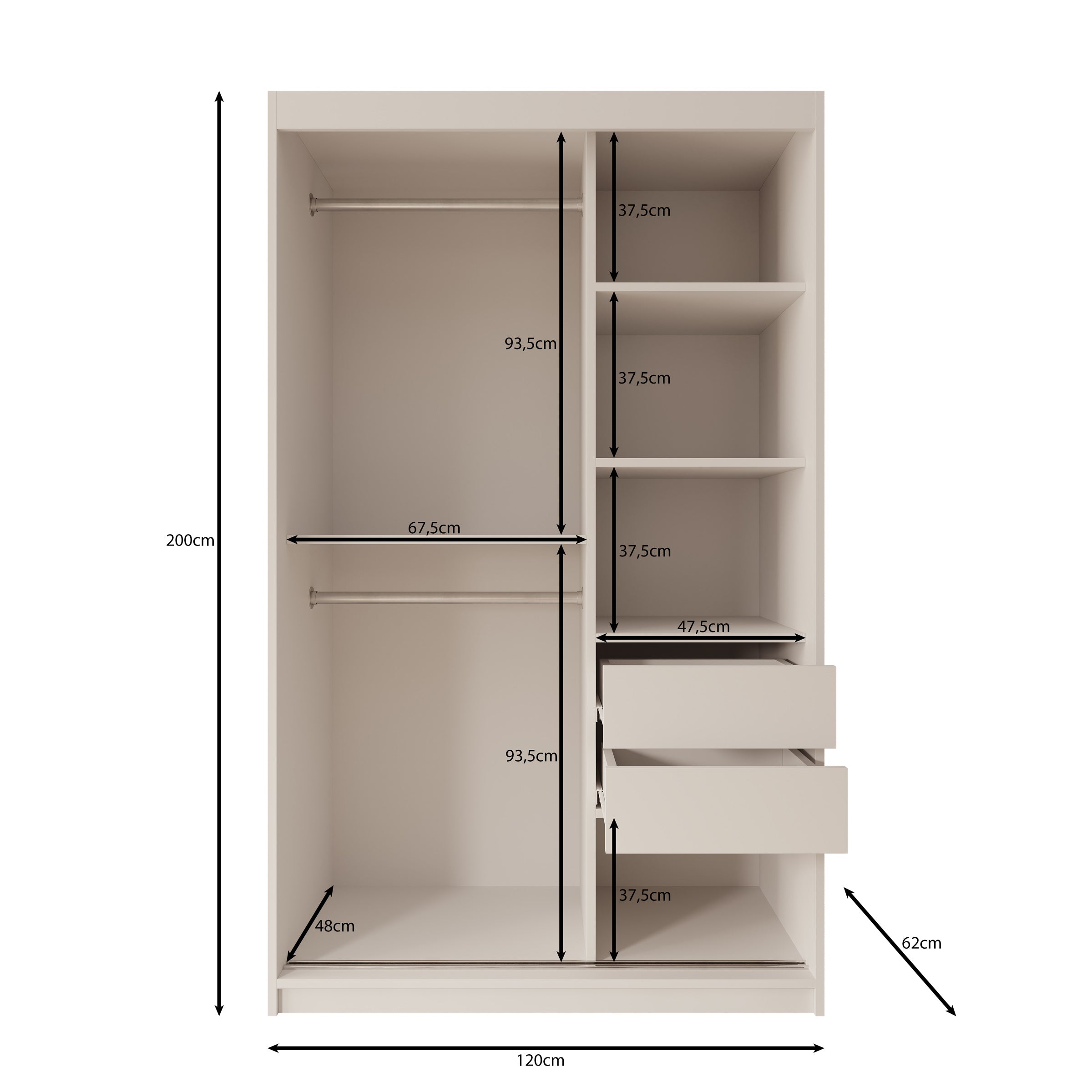 Sentoji - Kledingkast met 2 schuifdeuren - Wit - 120x62x200 cm
