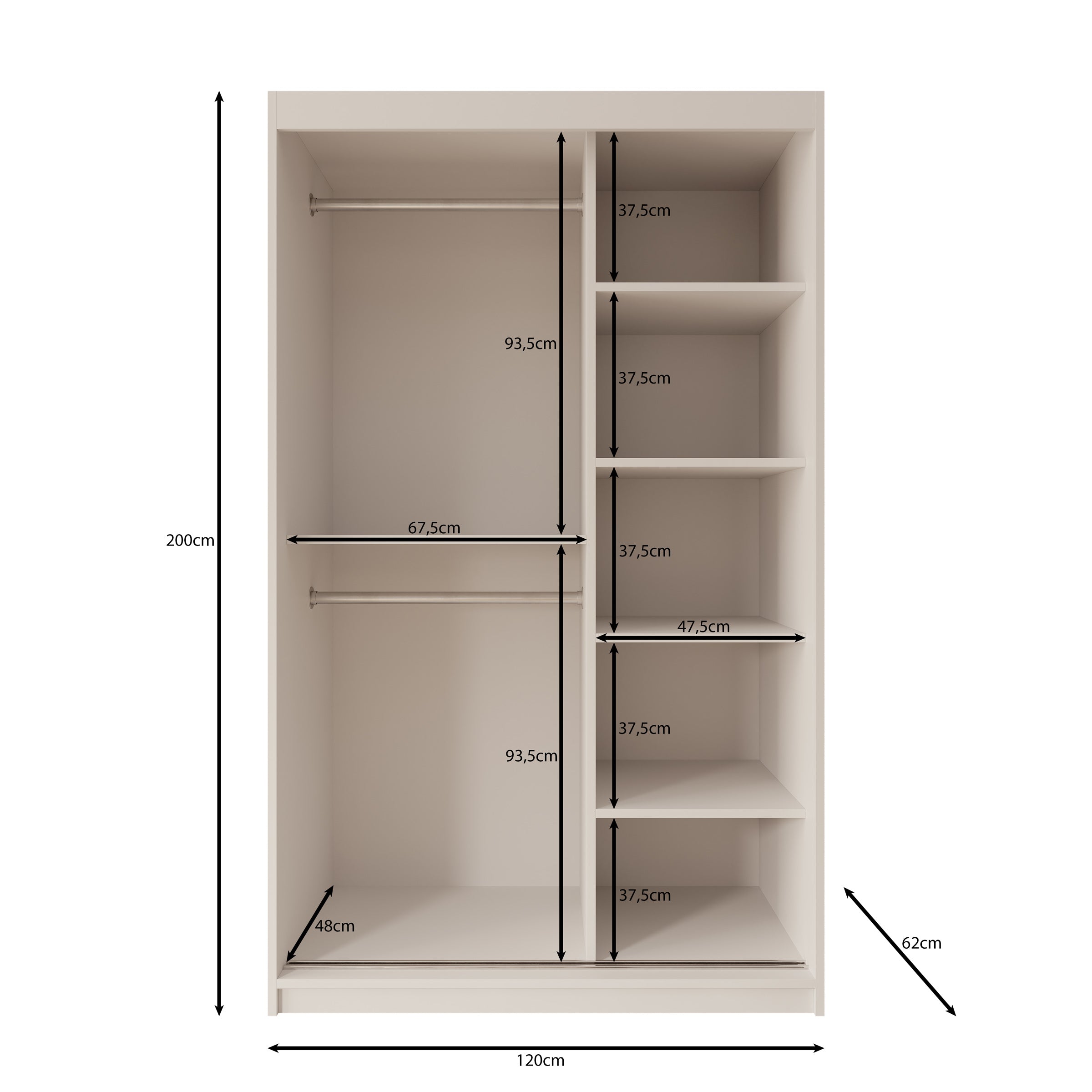 Sentoji - Kledingkast met 2 schuifdeuren - Zwart - 120x62x200 cm