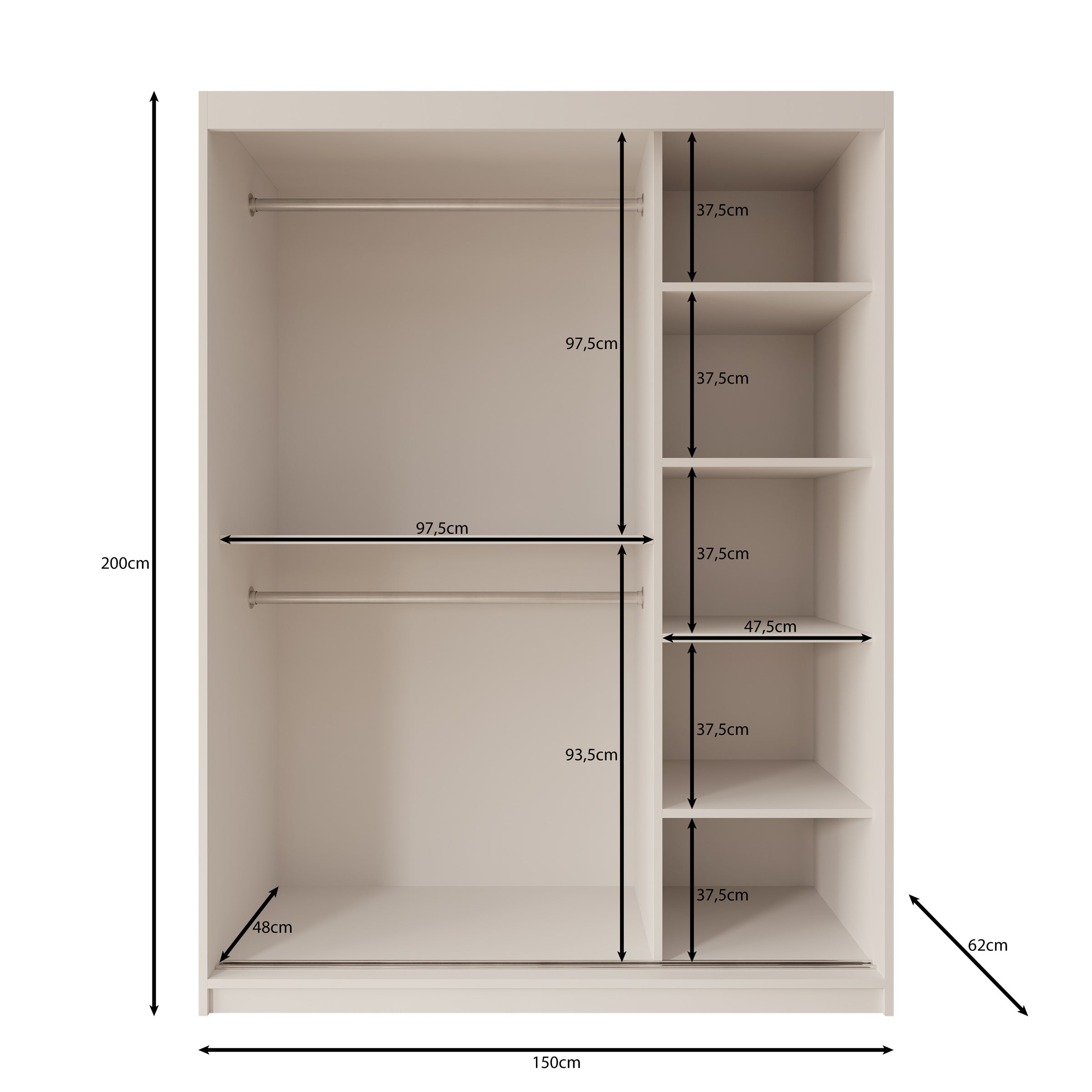 Sentoji - Kledingkast met 2 schuifdeuren - Zwart - 150x62x200 cm