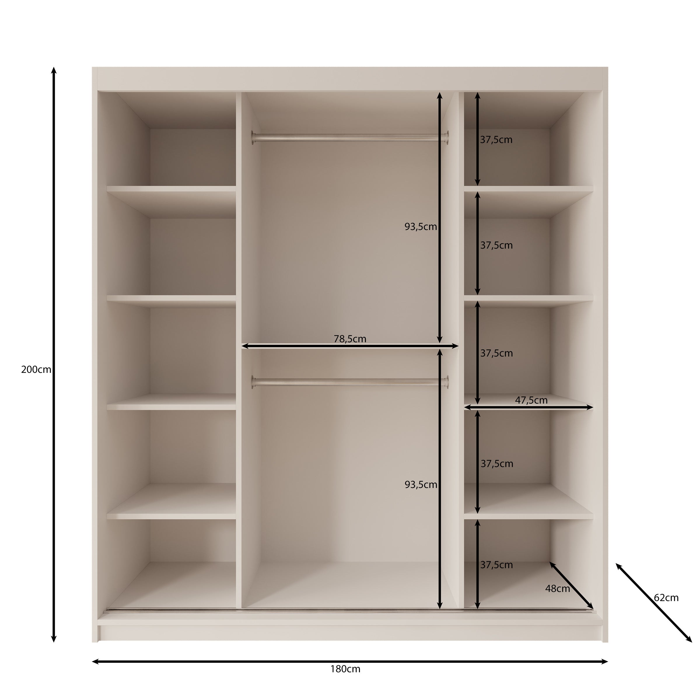 Sentoji - Kledingkast met 2 schuifdeuren - Zwart - 180x62x200 cm