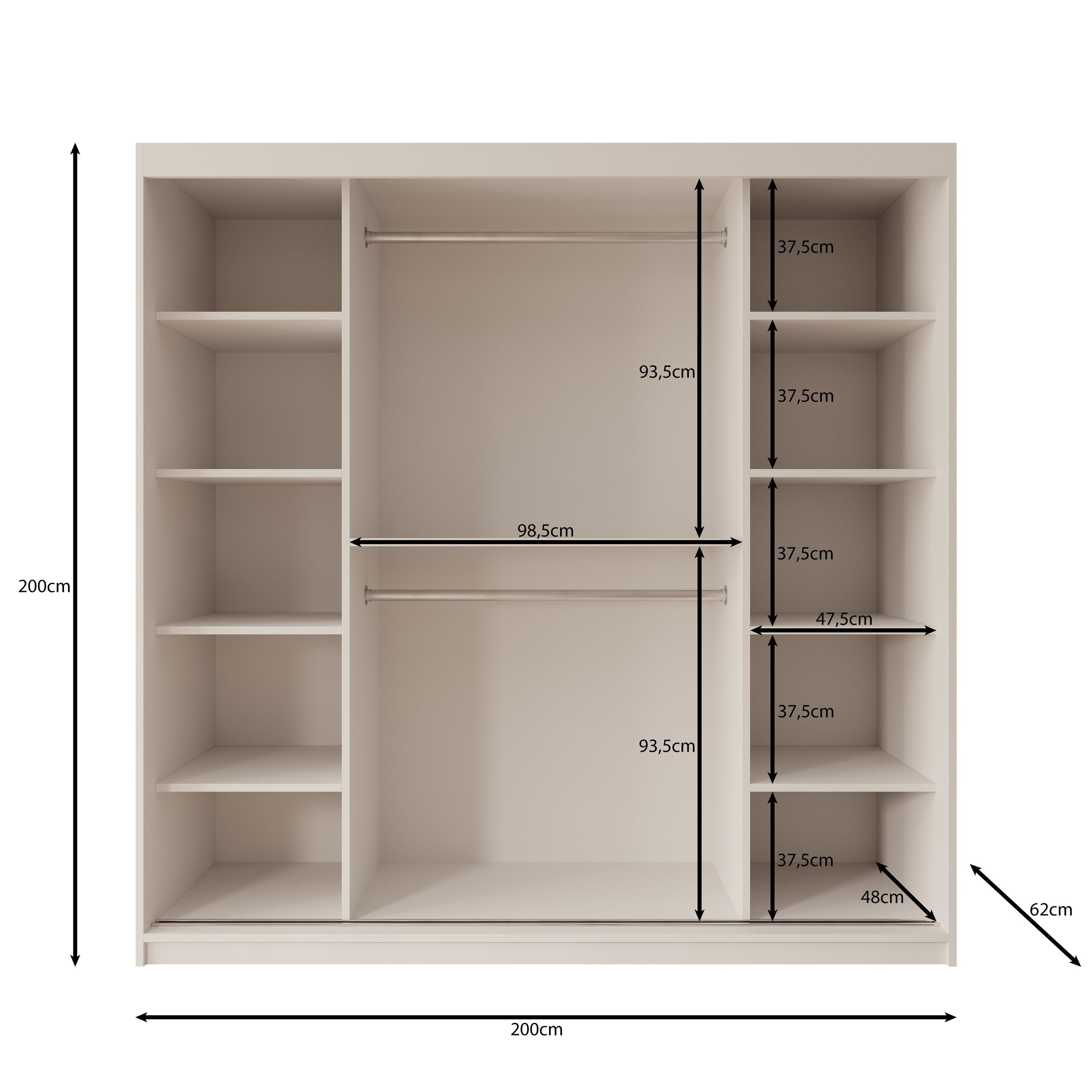 Sentoji - Kledingkast met 2 schuifdeuren - Zwart - 200x62x200 cm