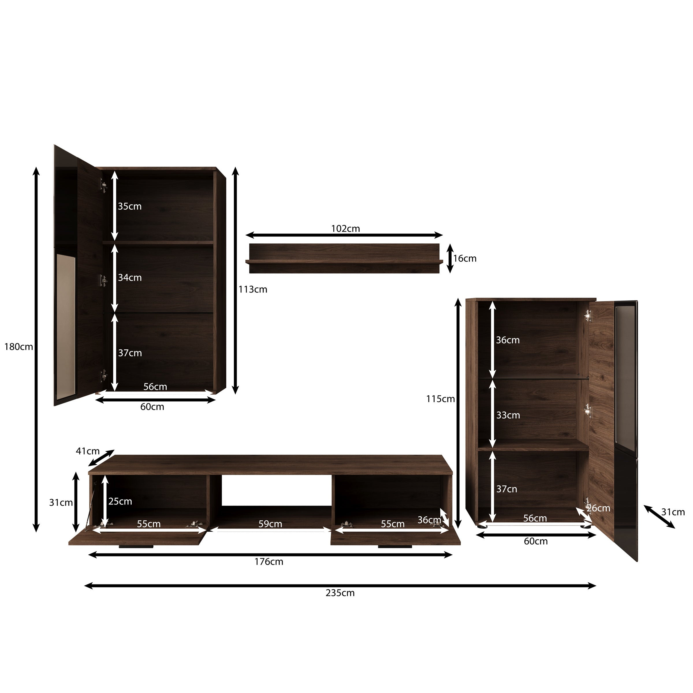 Sevanno - Wandmeubel - Walnootpatroon - 235x41x180 cm