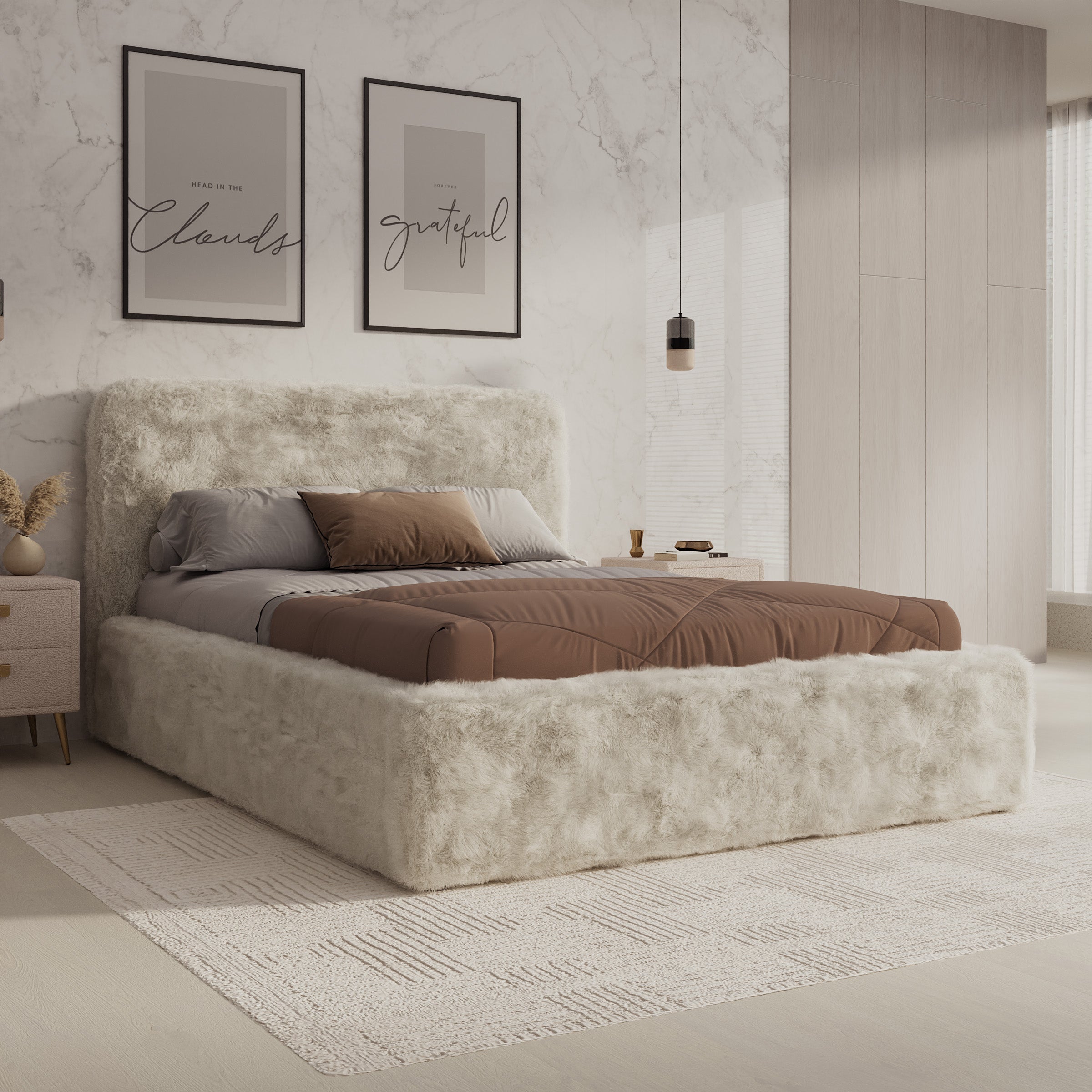 Simpson - Tweepersoonsbed - Pluche stof beige - 140x200 cm
