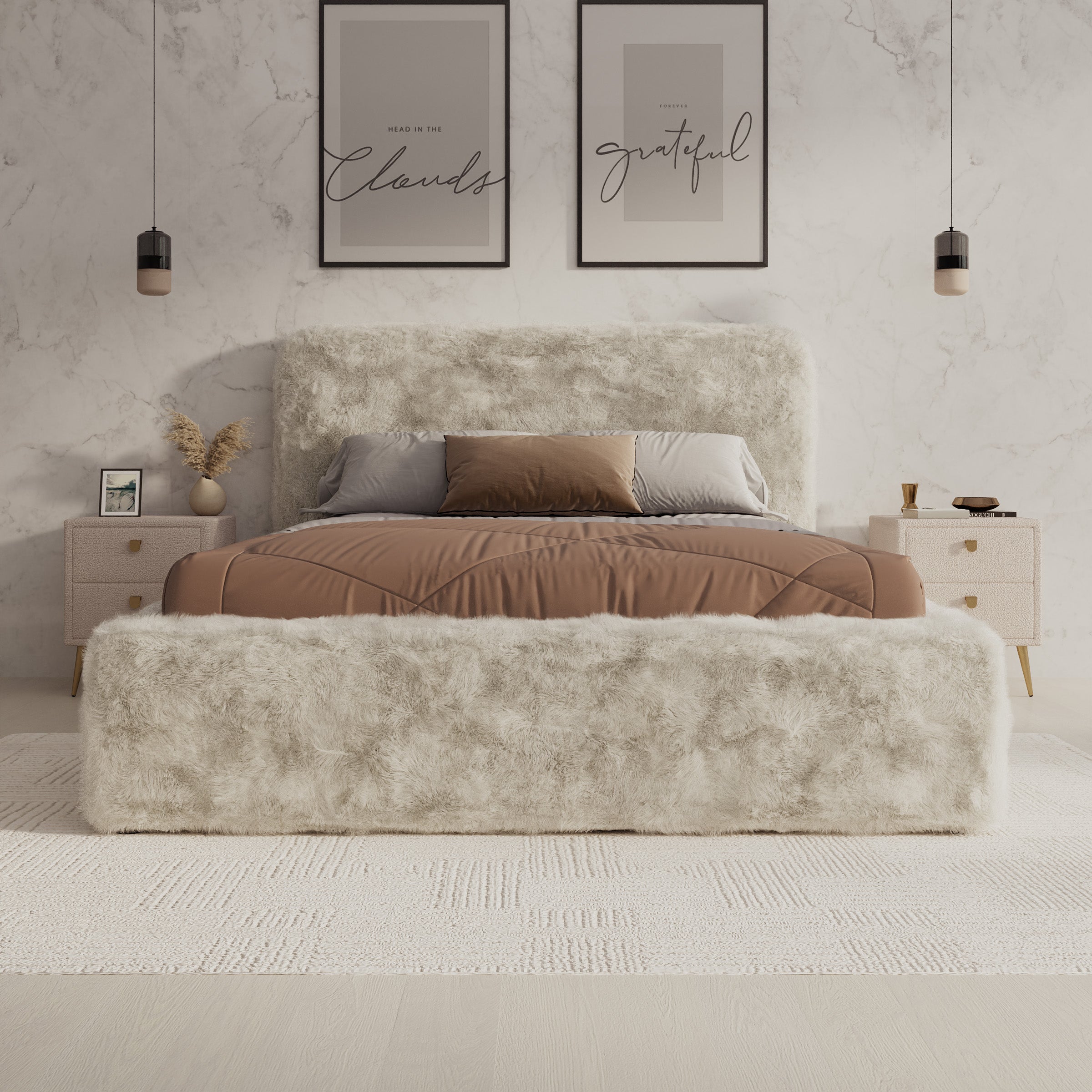 Simpson - Tweepersoonsbed - Pluche stof beige - 140x200 cm