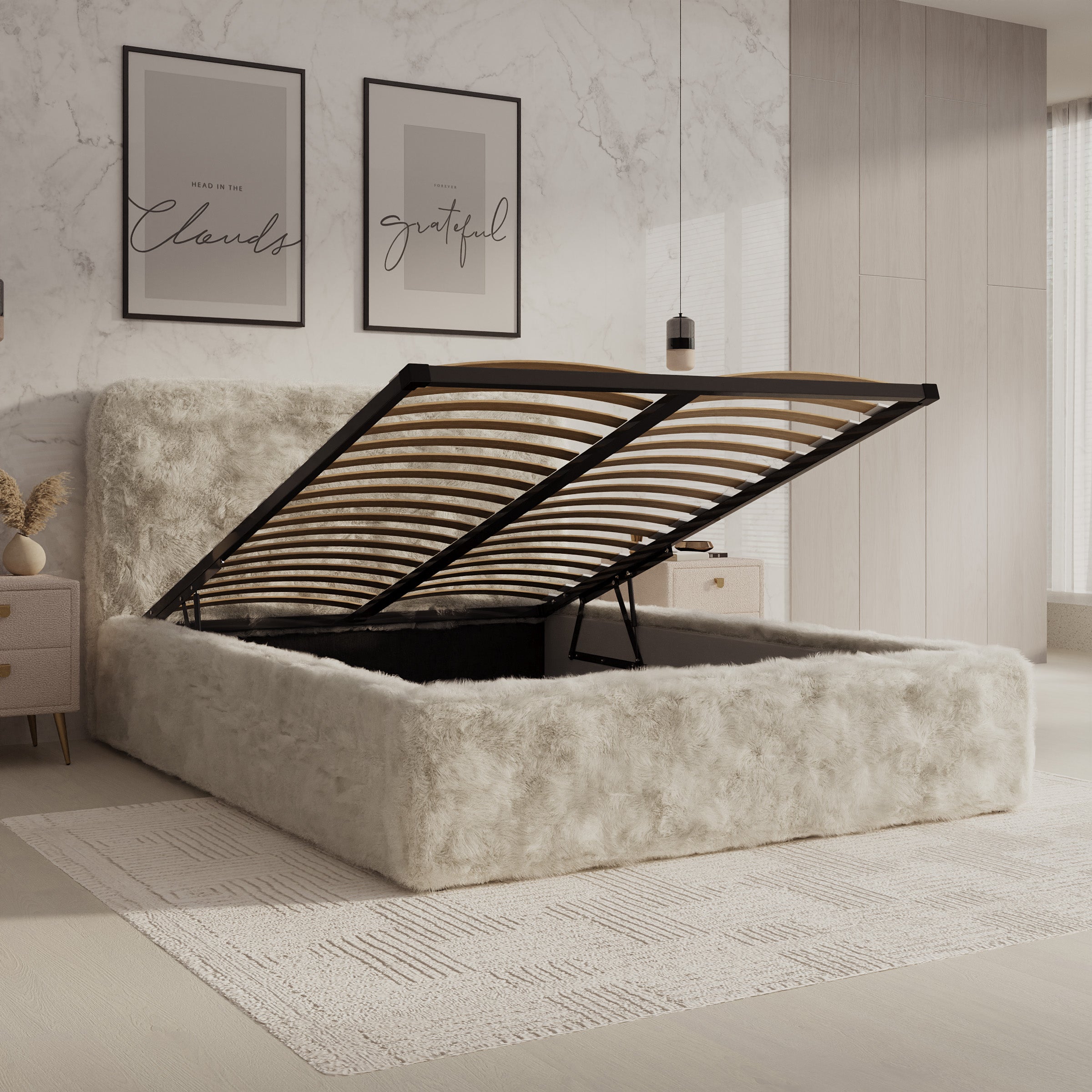 Simpson - Tweepersoonsbed - Pluche stof beige - 140x200 cm