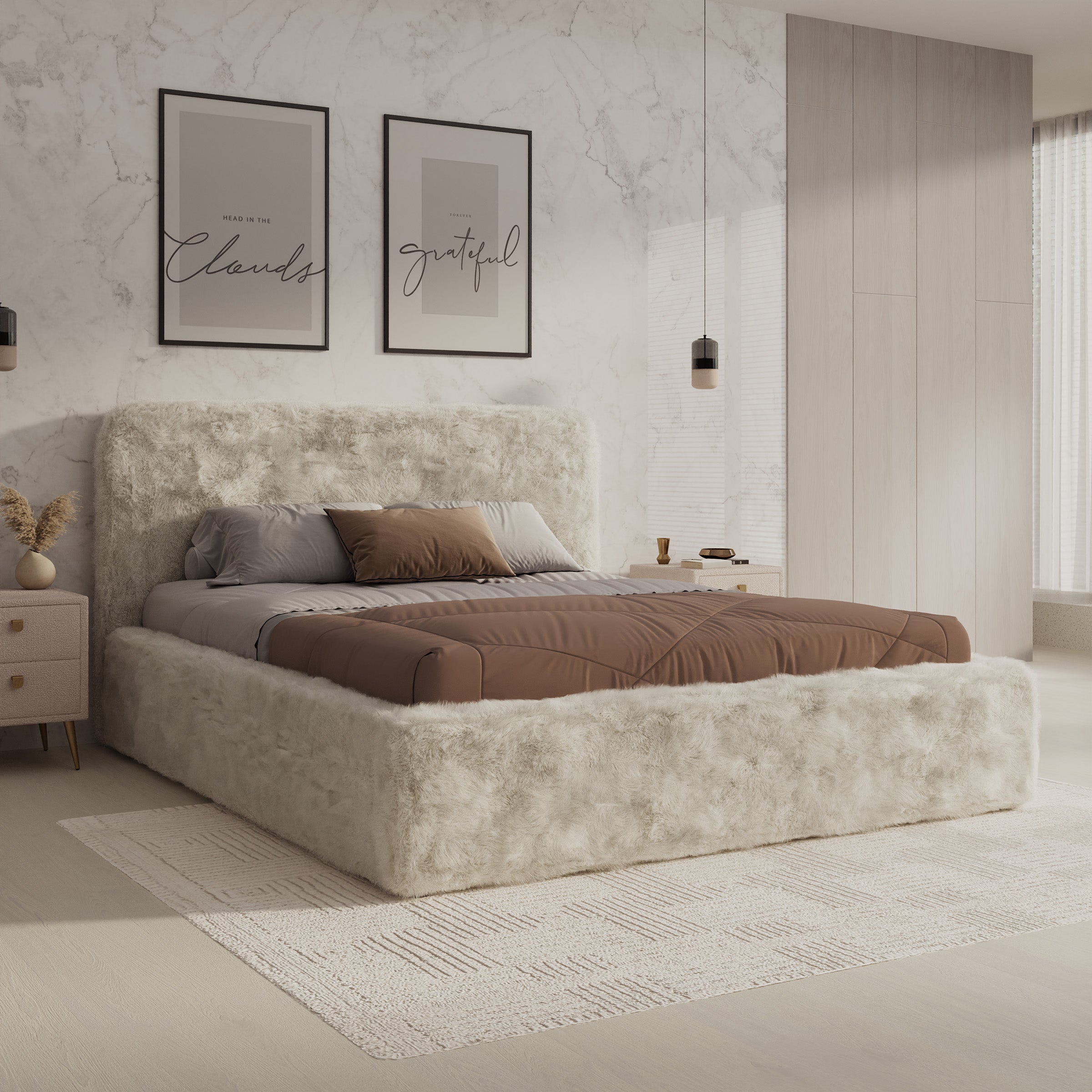 Simpson - Tweepersoonsbed - Pluche stof beige - 160x200 cm