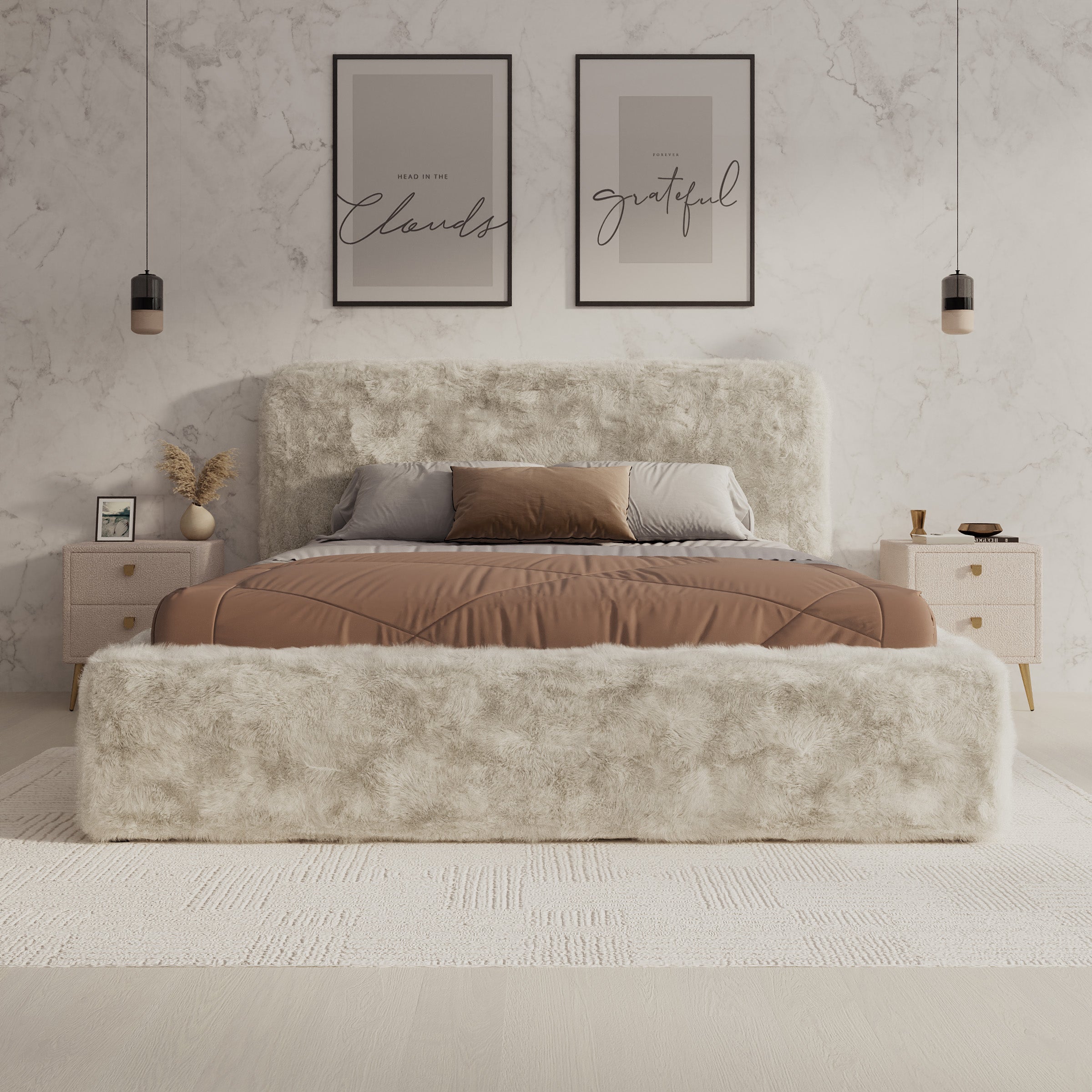 Simpson - Tweepersoonsbed - Pluche stof beige - 160x200 cm