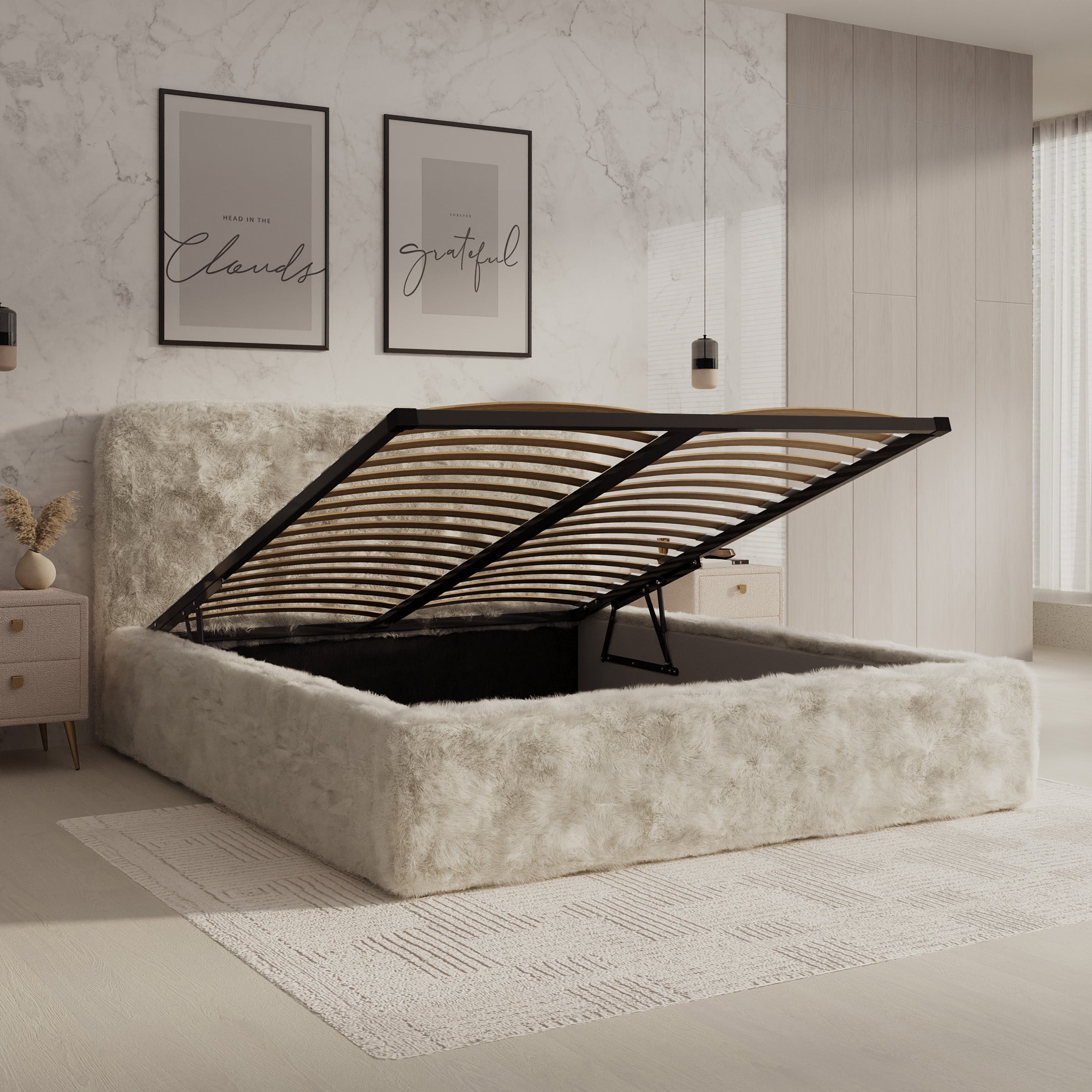 Simpson - Tweepersoonsbed - Pluche stof beige - 160x200 cm