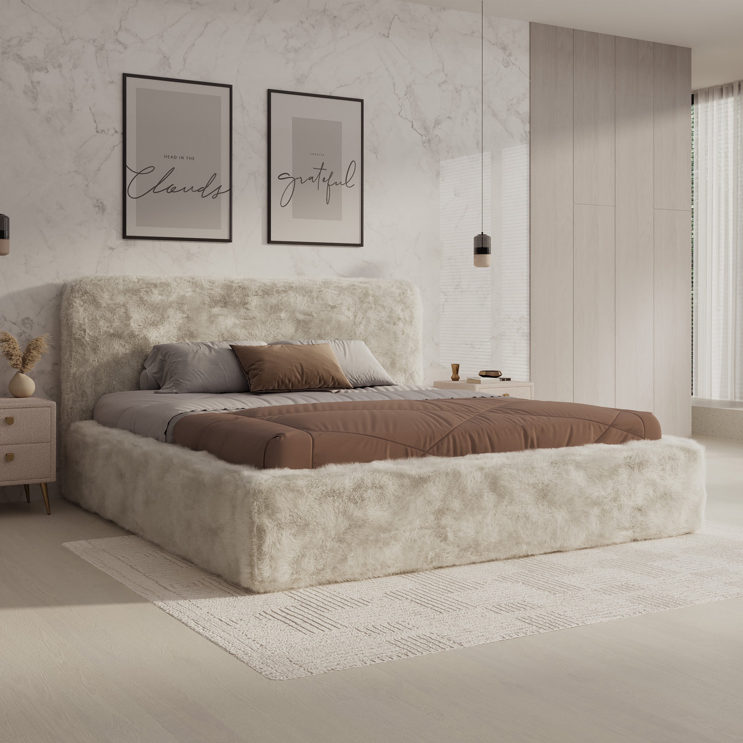 Simpson - Tweepersoonsbed - Pluche stof beige - 180x200 cm