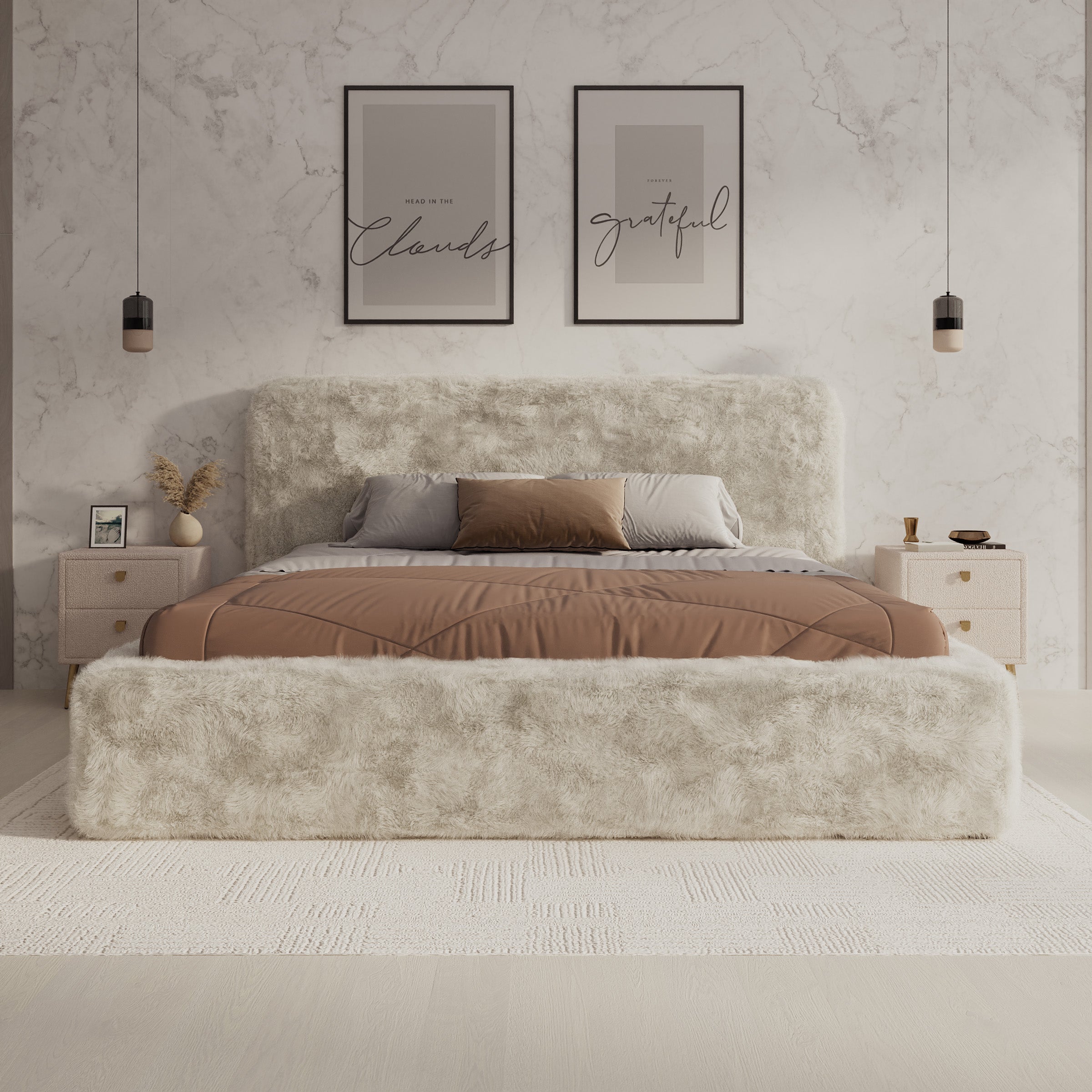Simpson - Tweepersoonsbed - Pluche stof beige - 180x200 cm
