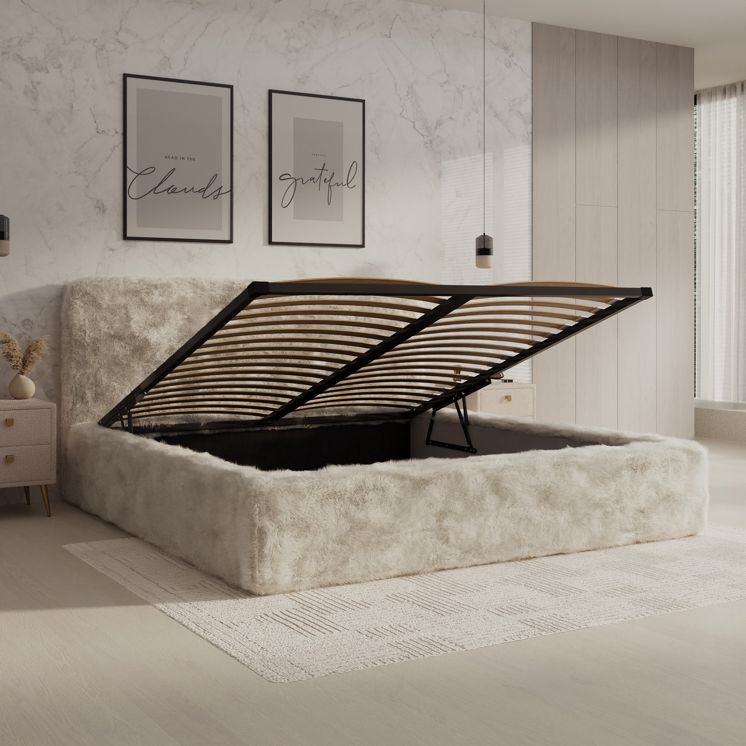 Simpson - Tweepersoonsbed - Pluche stof beige - 180x200 cm