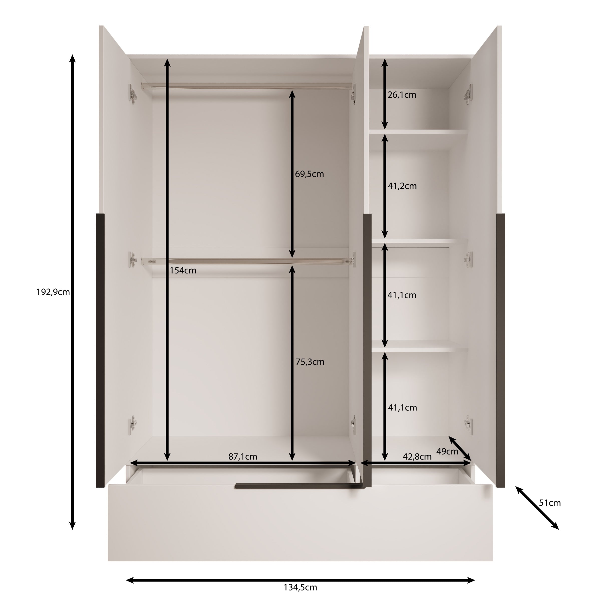 Skyer - Kledingkast 3-deurs - Wit - 135x51x193 cm