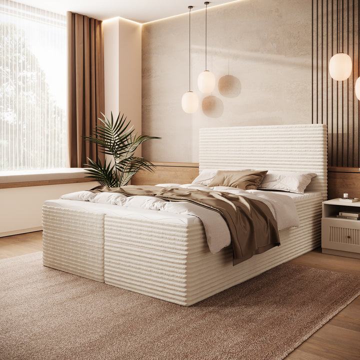 Strel - Boxspring met opbergruimte - Fluffy ribstof beige - 140x200 cm