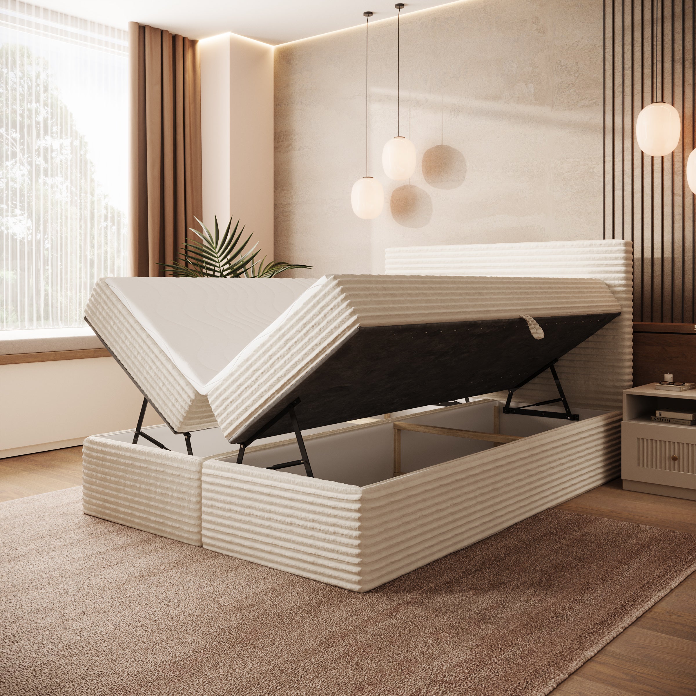 Strel - Boxspring met opbergruimte - Fluffy ribstof beige - 140x200 cm