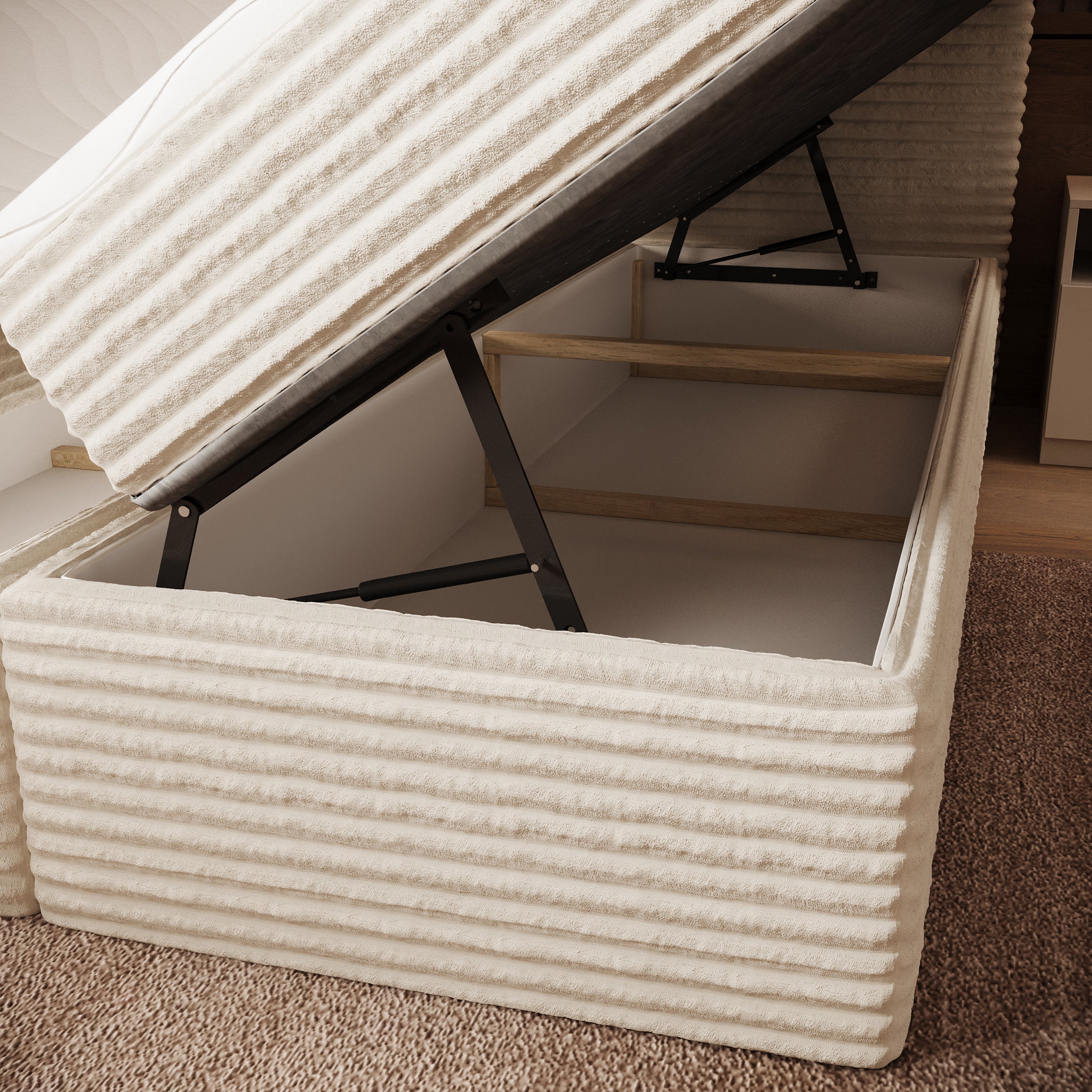 Strel - Boxspring met opbergruimte - Fluffy ribstof beige - 140x200 cm