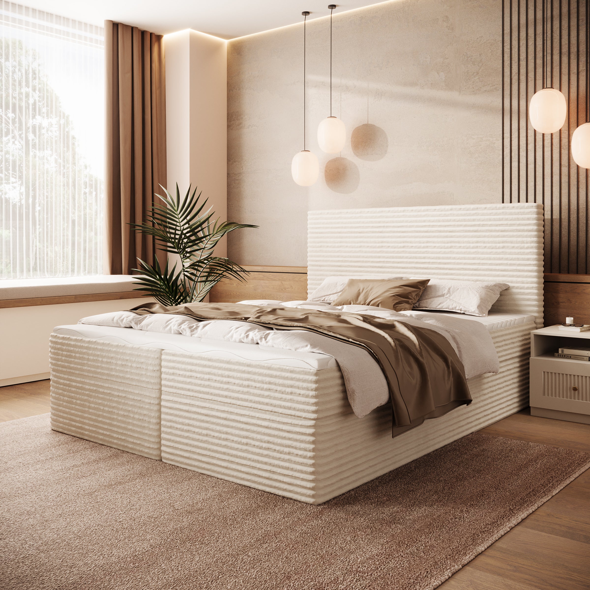 Strel - Boxspring met opbergruimte - Fluffy ribstof beige - 160x200 cm