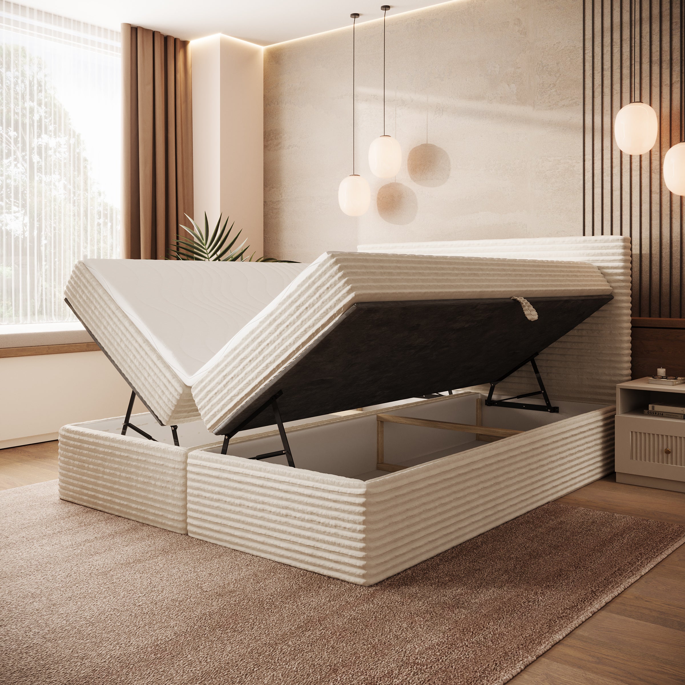 Strel - Boxspring met opbergruimte - Fluffy ribstof beige - 160x200 cm