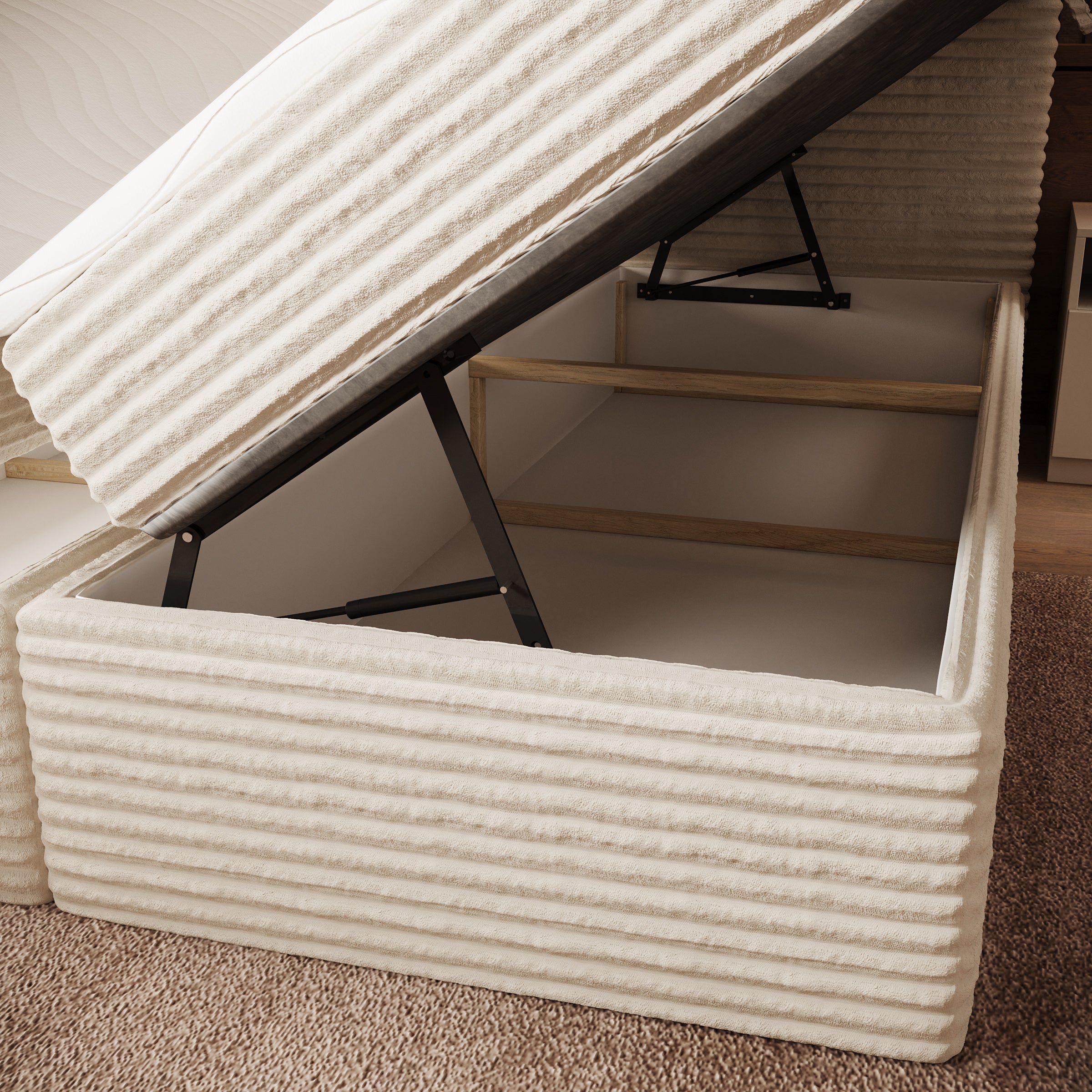 Strel - Boxspring met opbergruimte - Fluffy ribstof beige - 160x200 cm