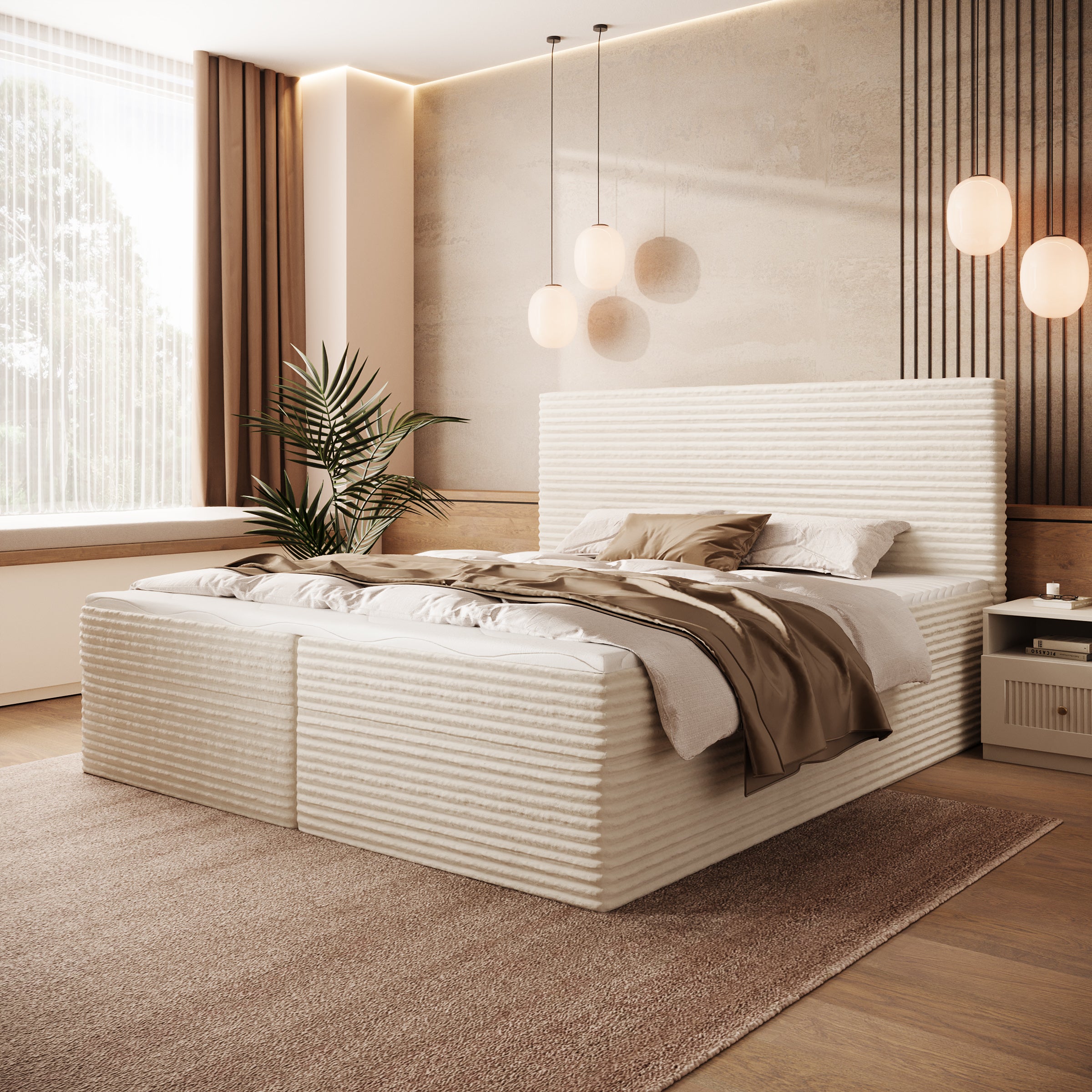 Strel - Boxspring met opbergruimte - Fluffy ribstof beige - 180x200 cm