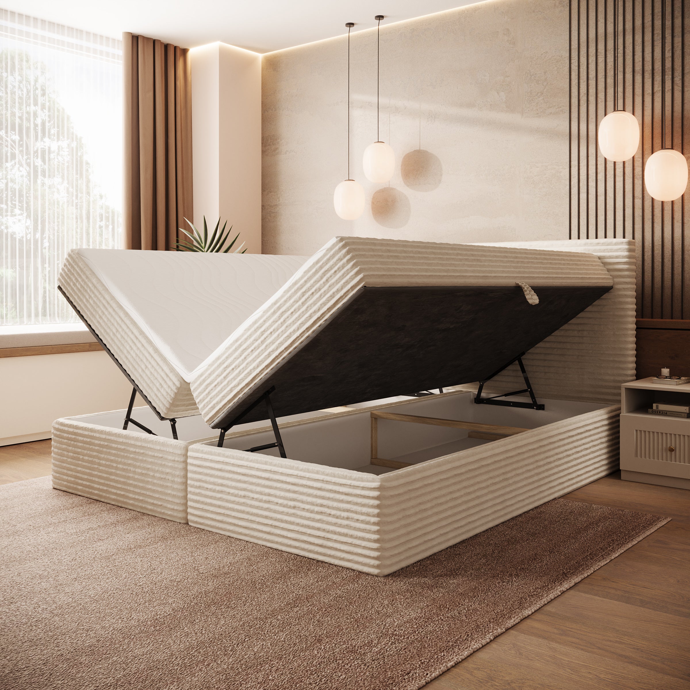 Strel - Boxspring met opbergruimte - Fluffy ribstof beige - 180x200 cm
