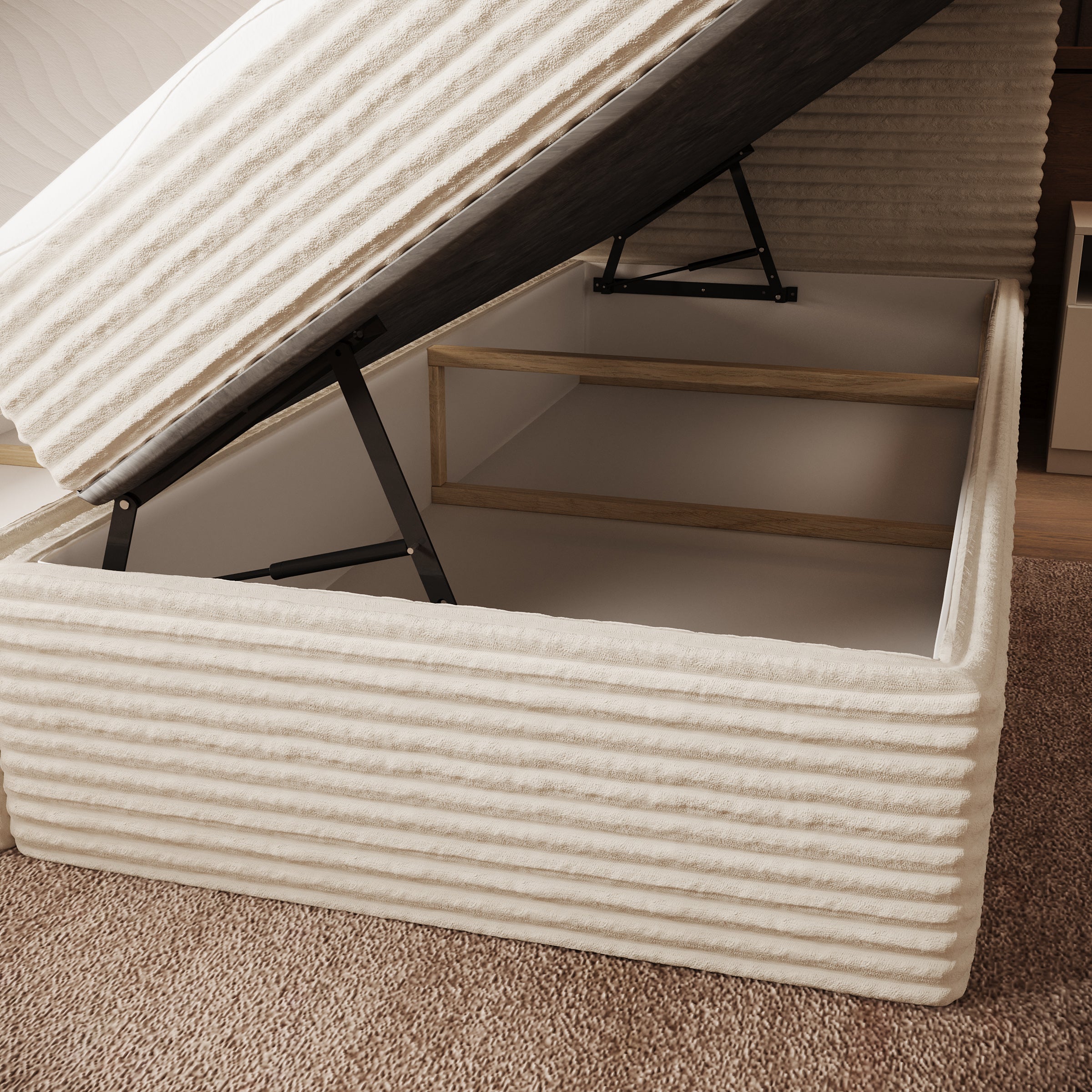 Strel - Boxspring met opbergruimte - Fluffy ribstof beige - 180x200 cm