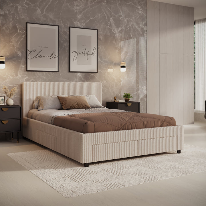 Suente - Tweepersoonsbed met 4 lades - Ribstof beige - 140x200 cm