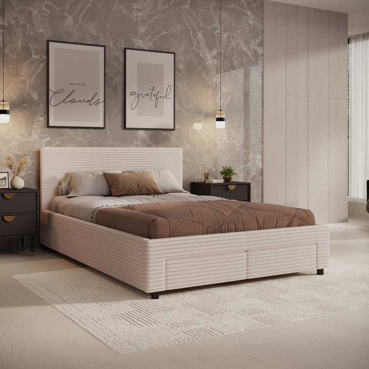 Suente - Tweepersoonsbed met 4 lades - Ribstof beige - 140x200 cm