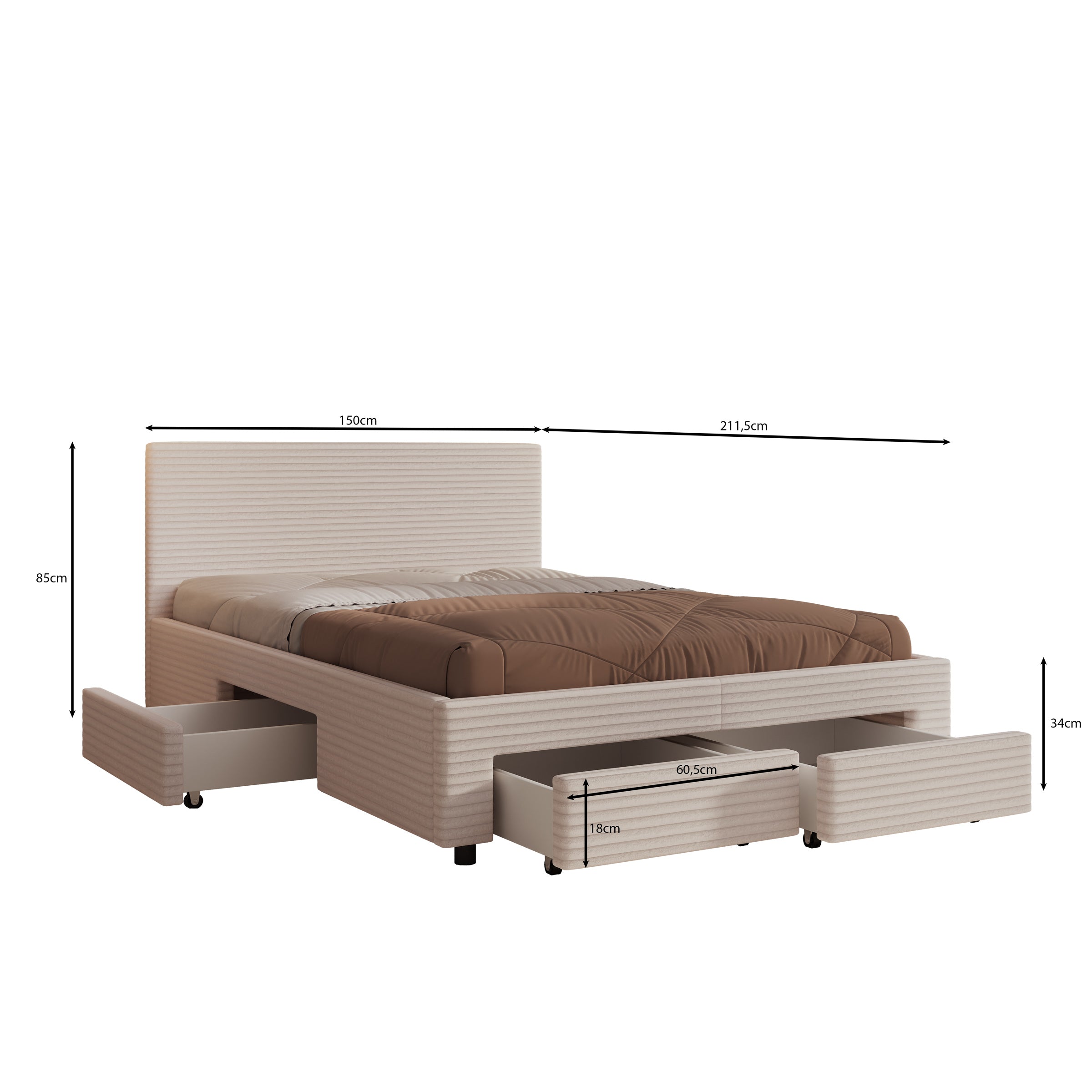 Suente - Tweepersoonsbed met 4 lades - Ribstof beige - 140x200 cm