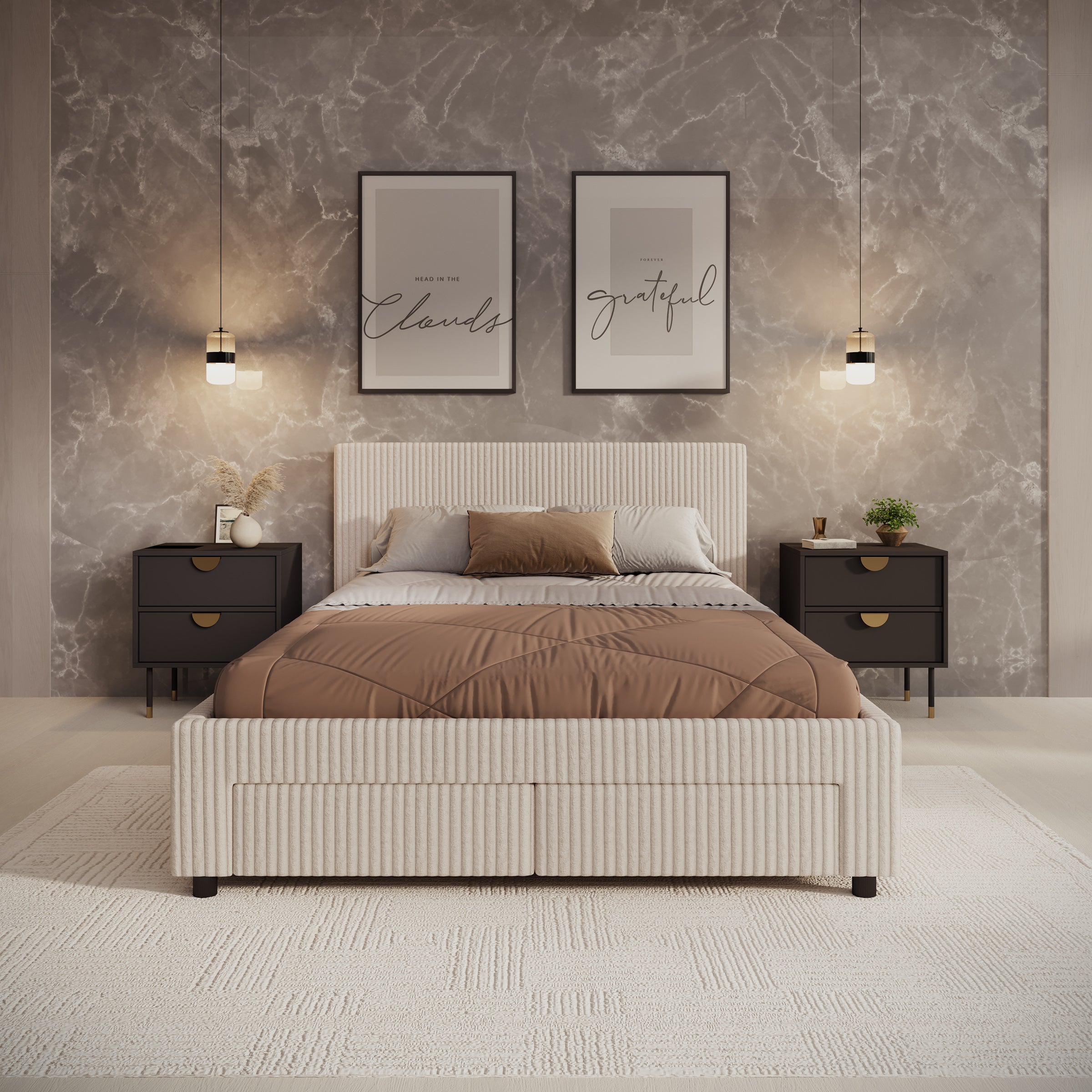 Suente - Tweepersoonsbed met 4 lades - Ribstof beige - 140x200 cm