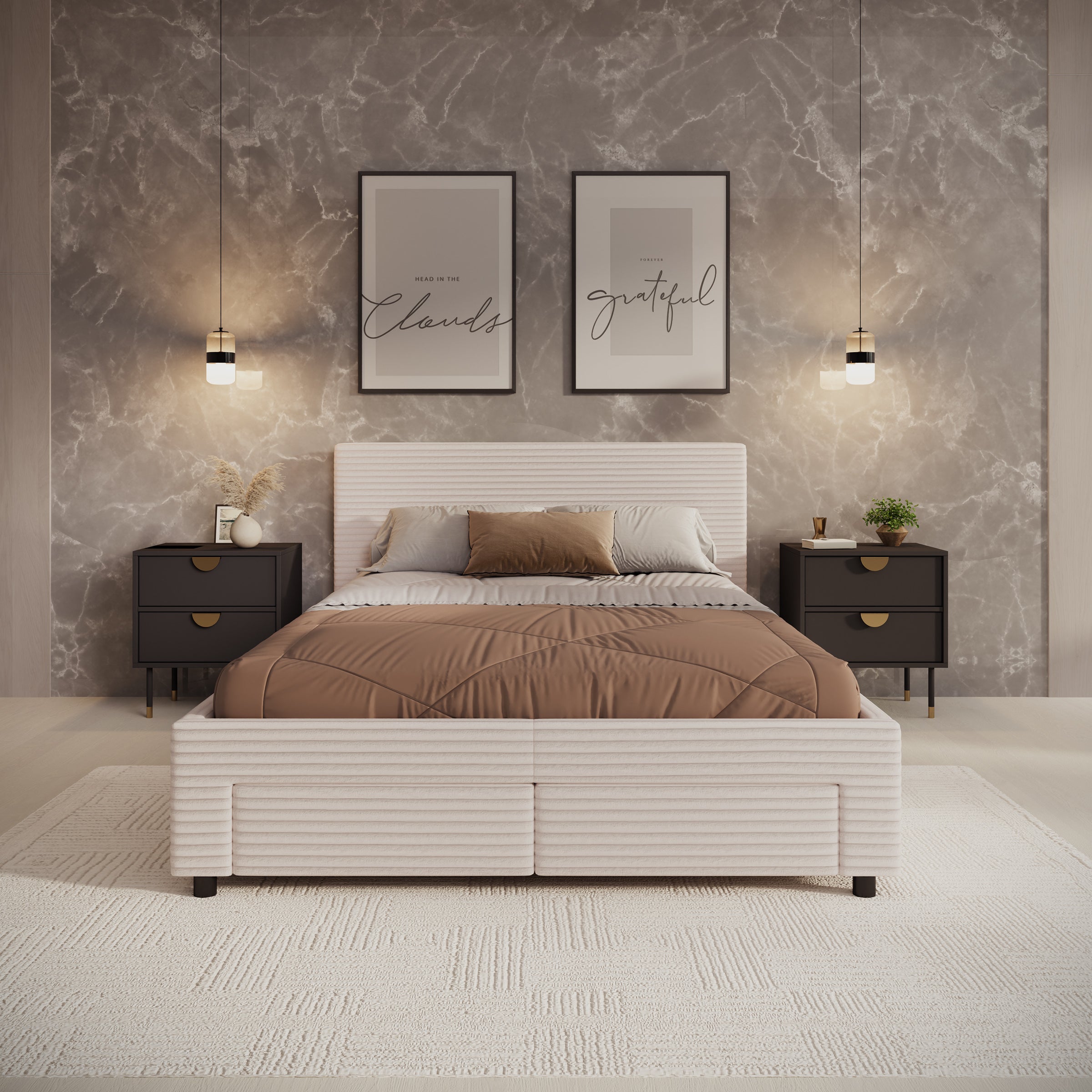 Suente - Tweepersoonsbed met 4 lades - Ribstof beige - 140x200 cm