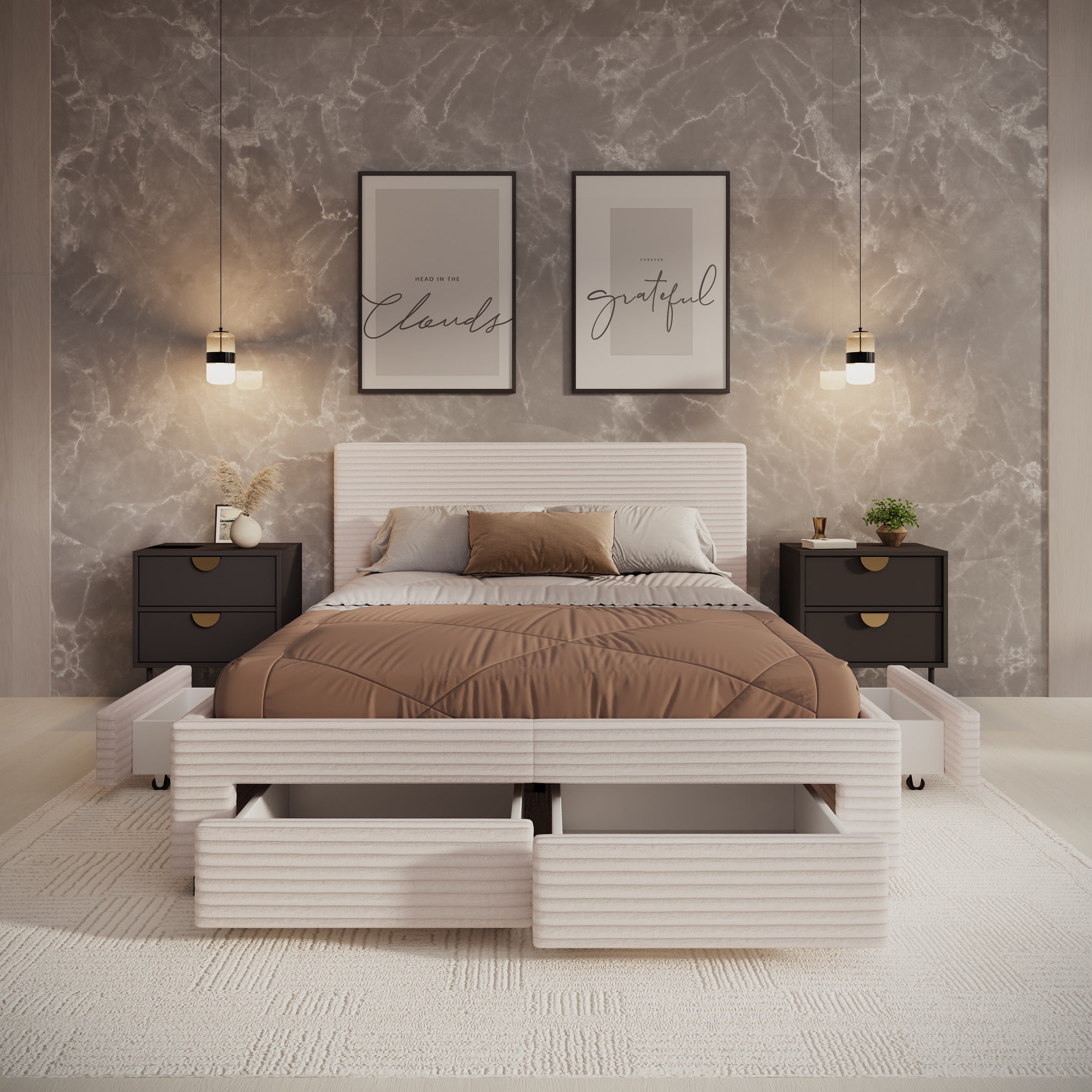 Suente - Tweepersoonsbed met 4 lades - Ribstof beige - 140x200 cm