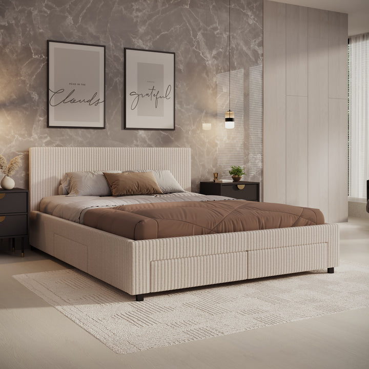 Suente - Tweepersoonsbed met 4 lades - Ribstof beige - 160x200 cm