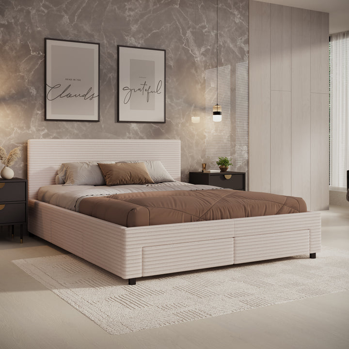 Suente - Tweepersoonsbed met 4 lades - Ribstof beige - 160x200 cm