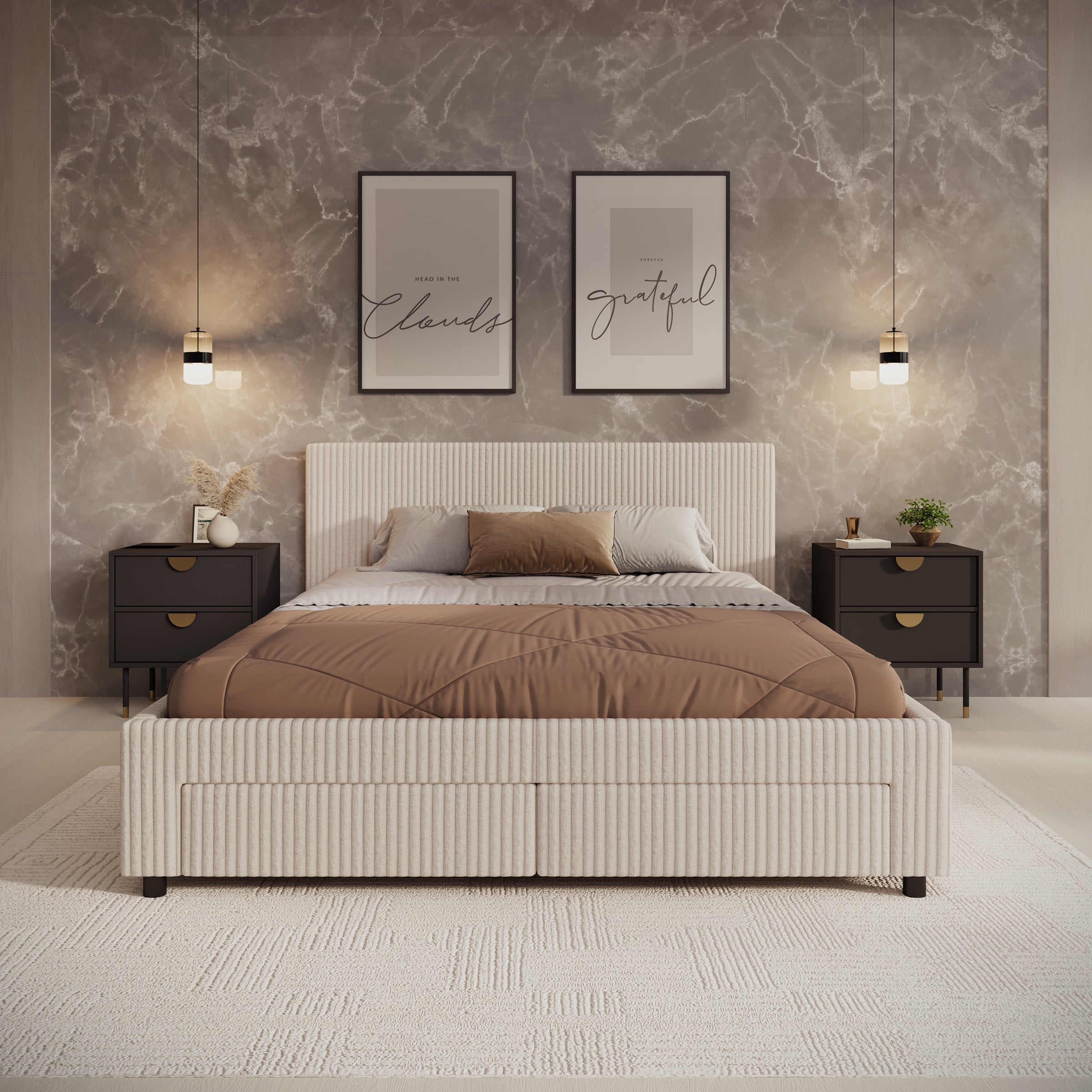 Suente - Tweepersoonsbed met 4 lades - Ribstof beige - 160x200 cm