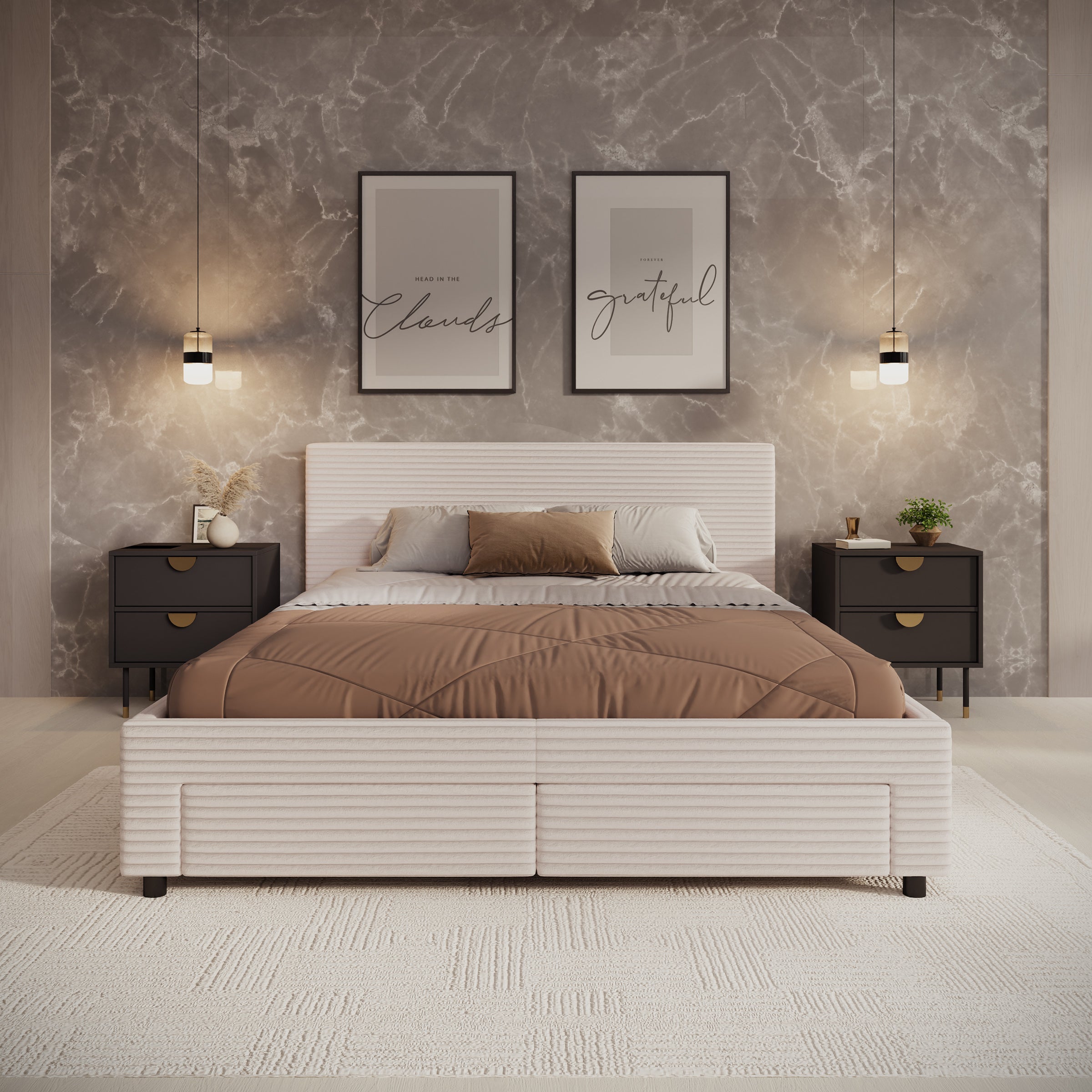 Suente - Tweepersoonsbed met 4 lades - Ribstof beige - 160x200 cm