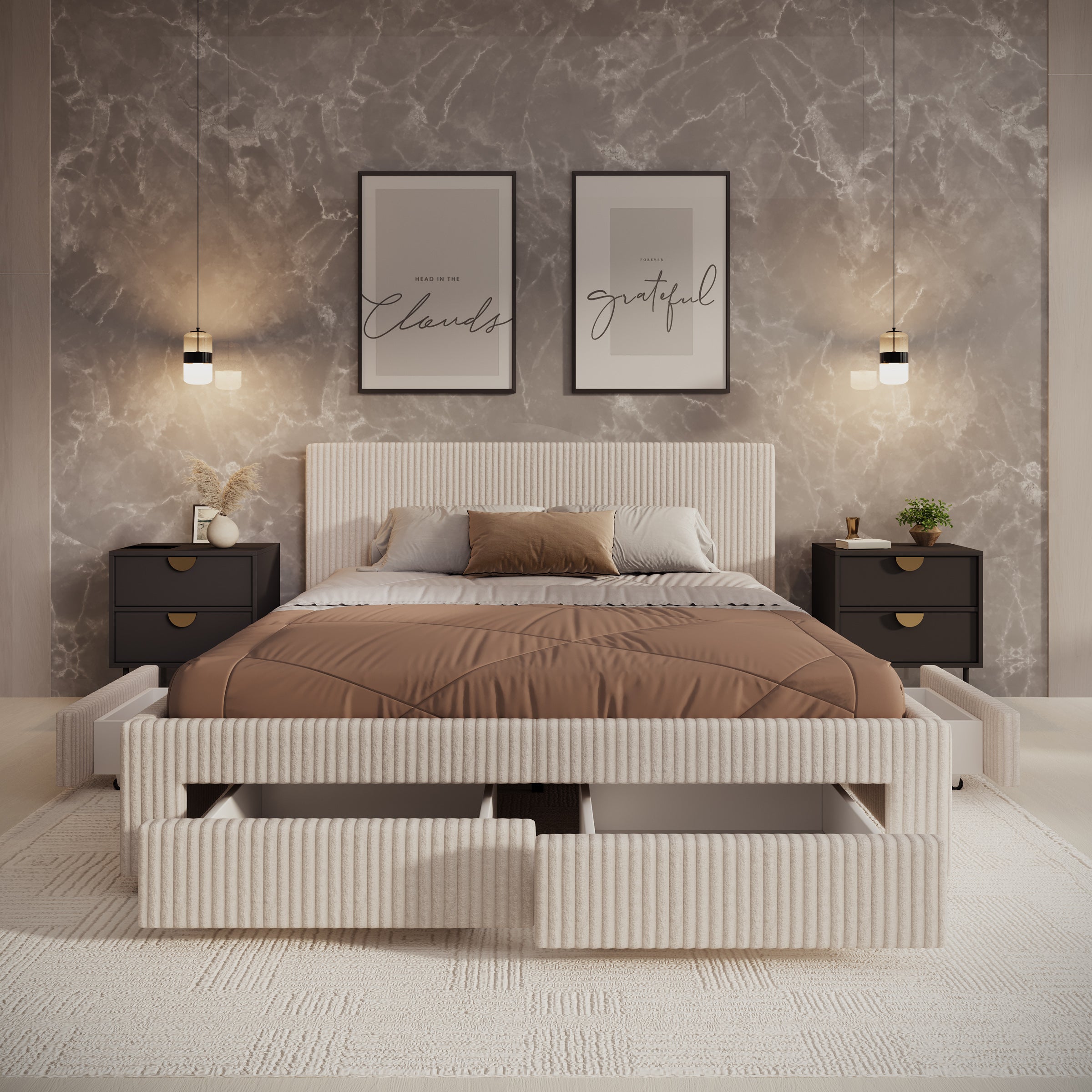 Suente - Tweepersoonsbed met 4 lades - Ribstof beige - 160x200 cm