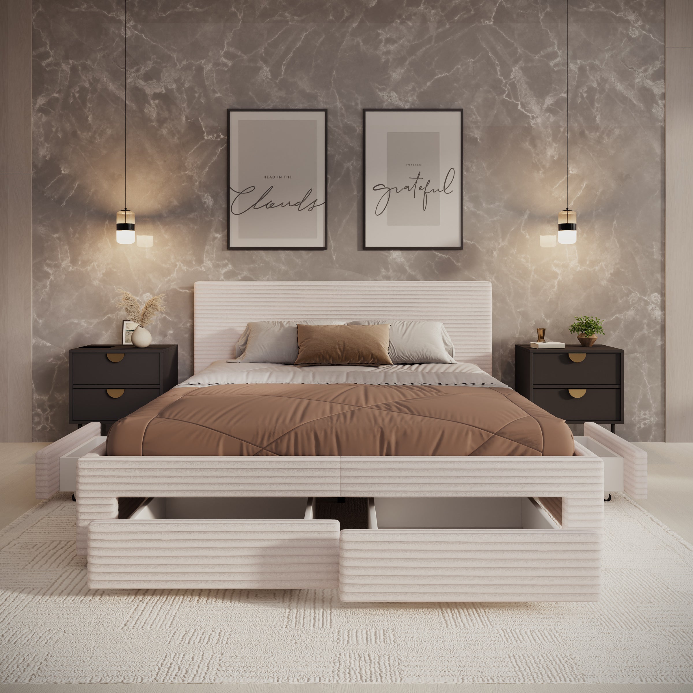 Suente - Tweepersoonsbed met 4 lades - Ribstof beige - 160x200 cm