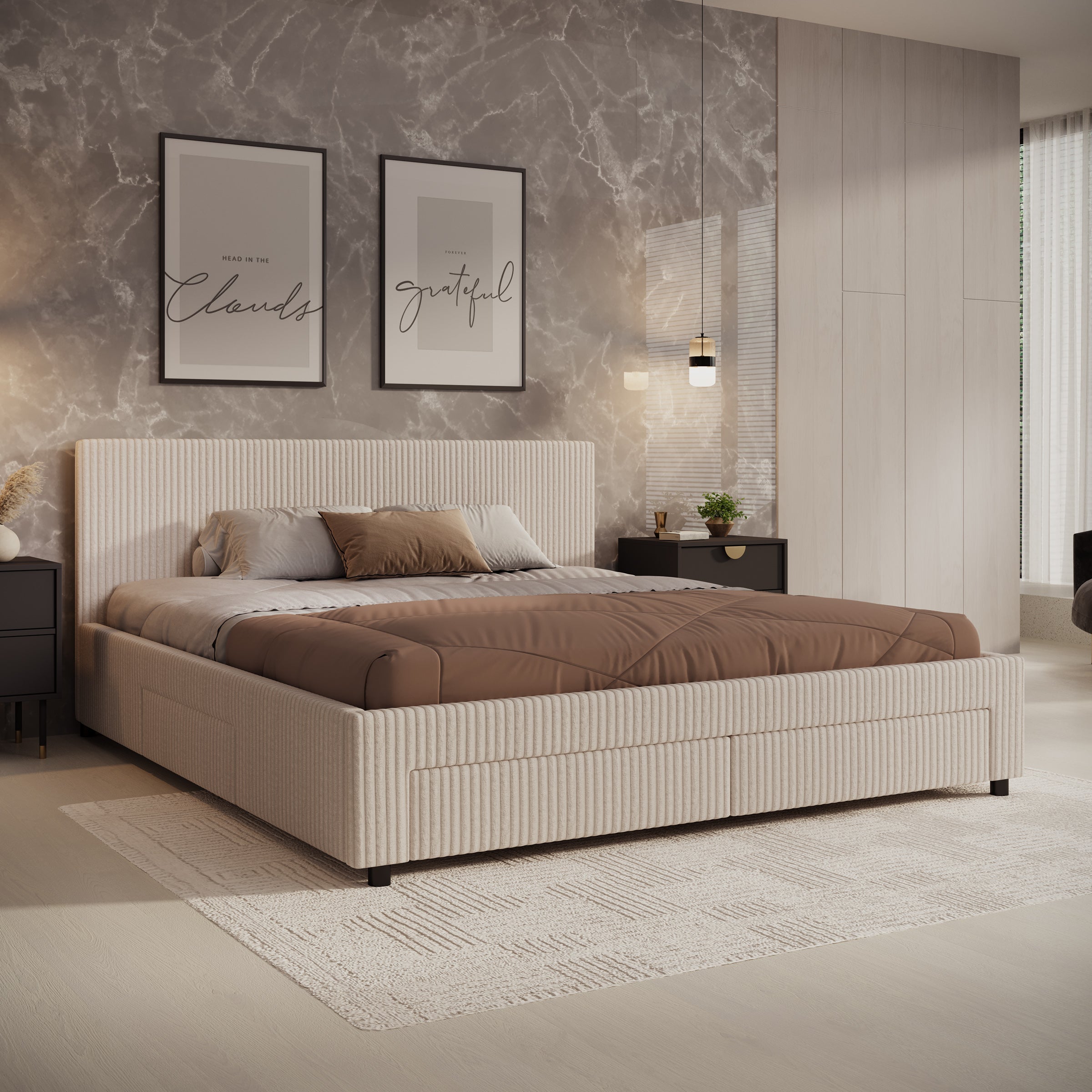 Suente - Tweepersoonsbed met 4 lades - Ribstof beige - 180x200 cm