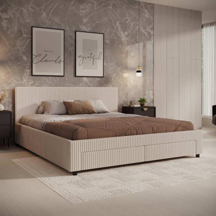 Suente - Tweepersoonsbed met 4 lades - Ribstof beige - 180x200 cm