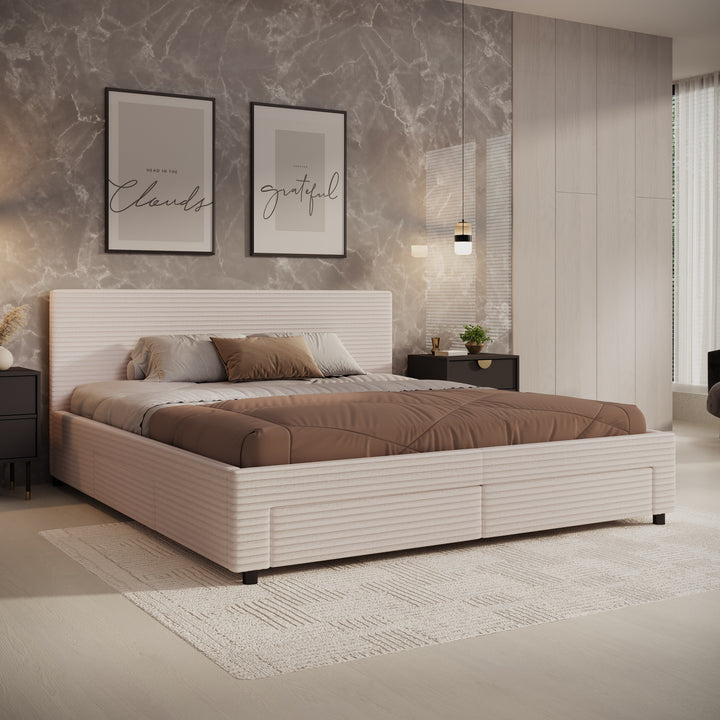 Suente - Tweepersoonsbed met 4 lades - Ribstof beige - 180x200 cm