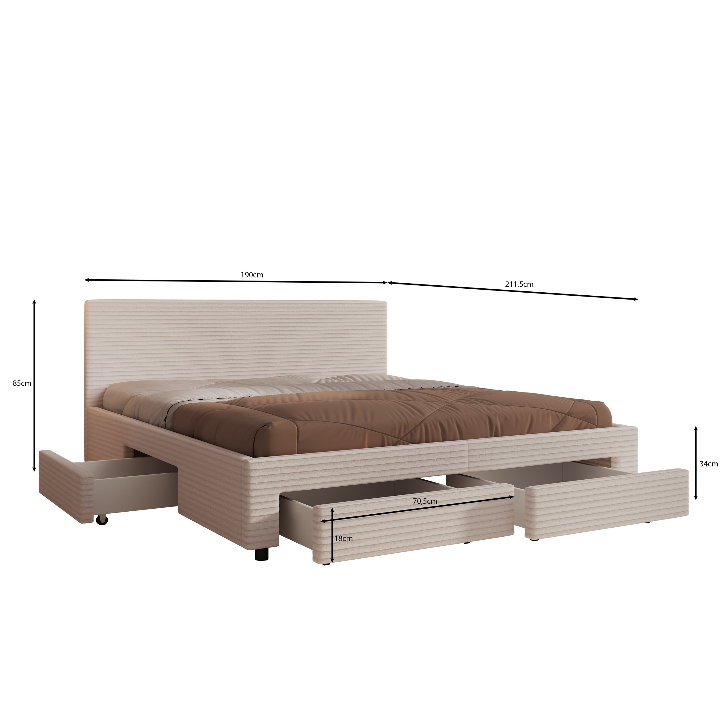 Suente - Tweepersoonsbed met 4 lades - Ribstof beige - 180x200 cm