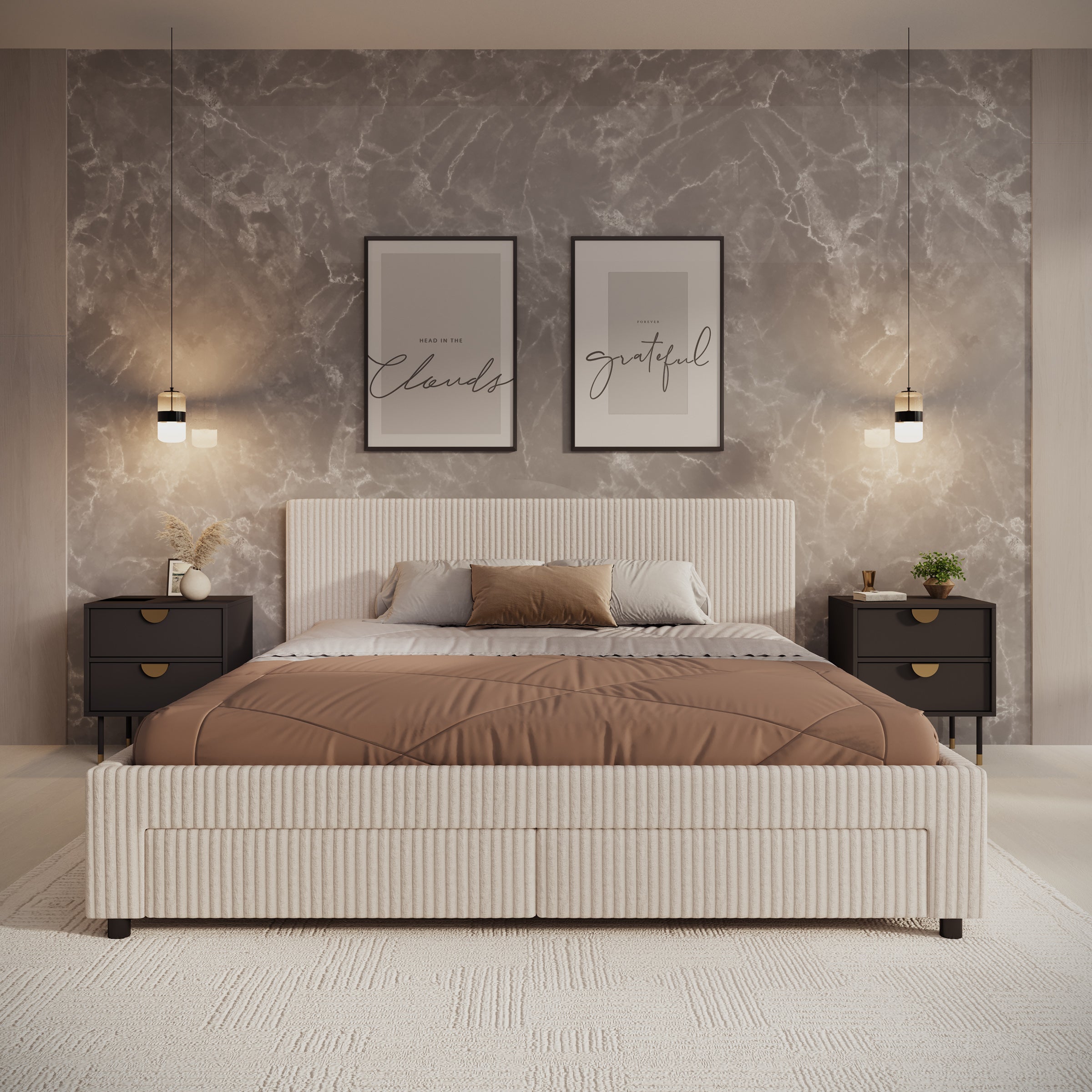 Suente - Tweepersoonsbed met 4 lades - Ribstof beige - 180x200 cm