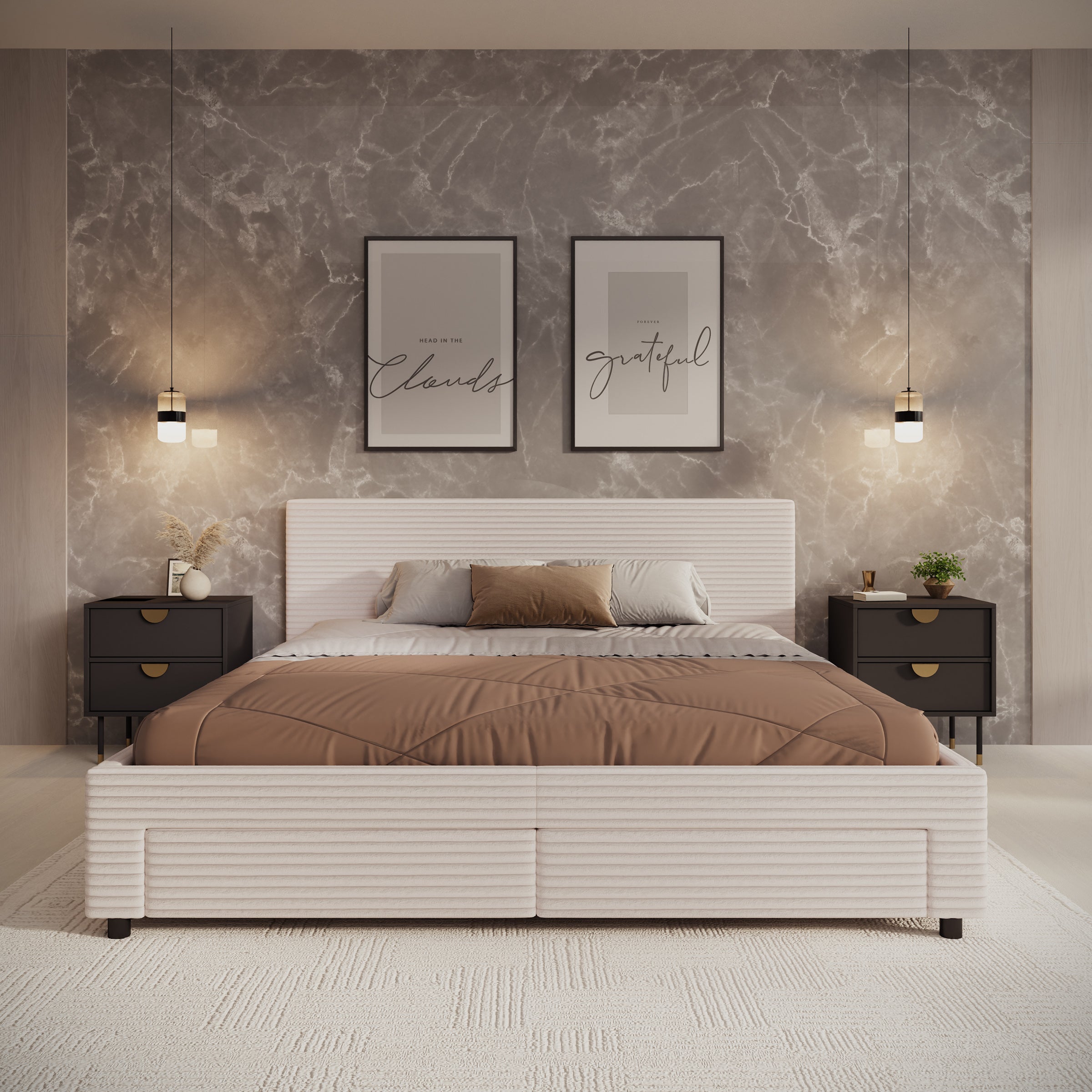 Suente - Tweepersoonsbed met 4 lades - Ribstof beige - 180x200 cm