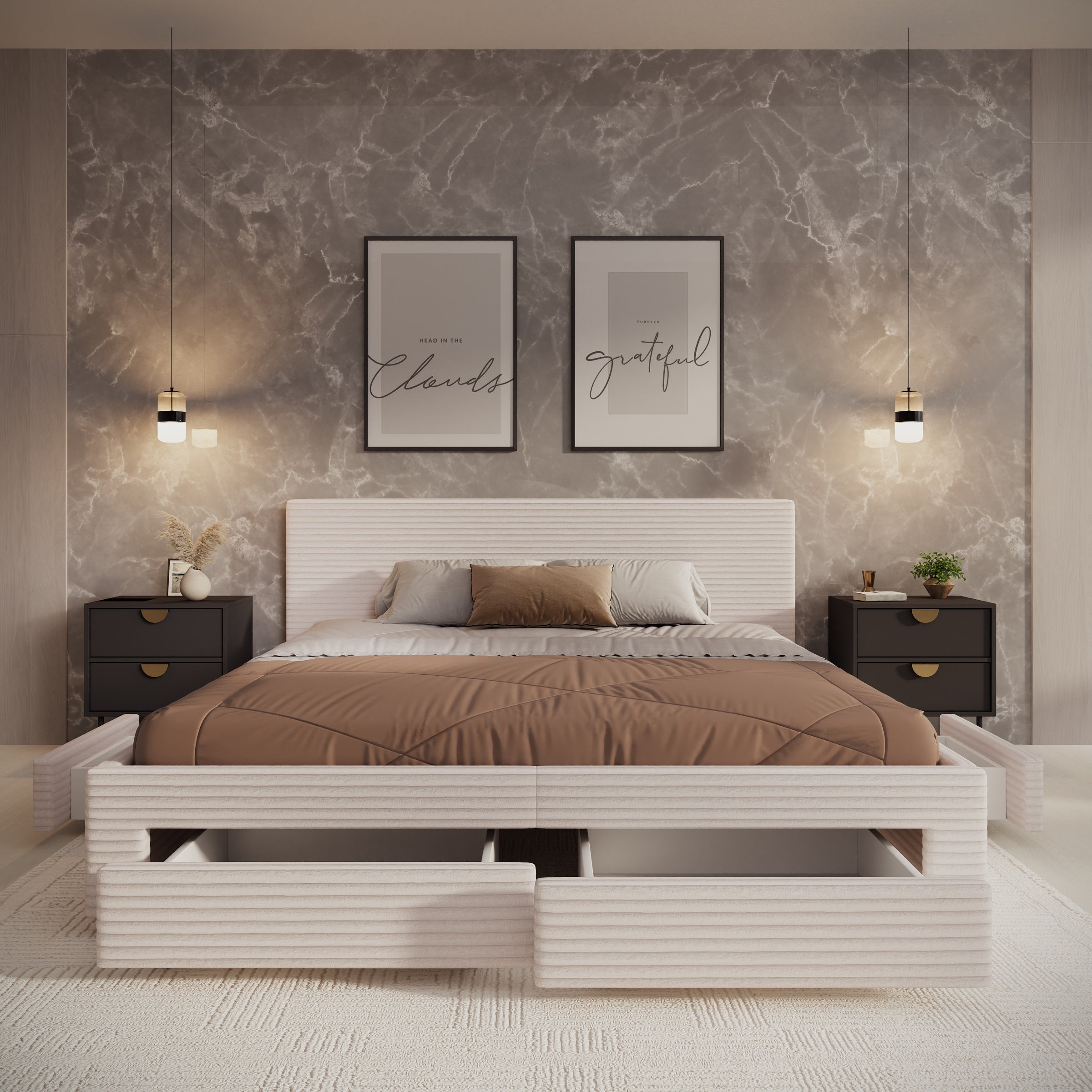 Suente - Tweepersoonsbed met 4 lades - Ribstof beige - 180x200 cm